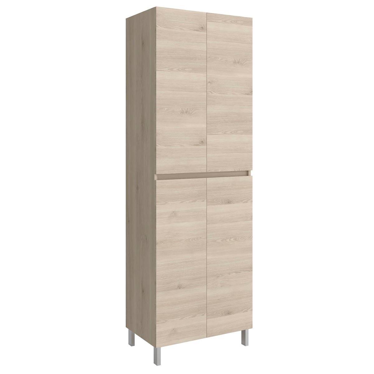 Hoher heller Holzschrank mit vier Türen und schlanken Metallbeinen auf weißem Hintergrund.