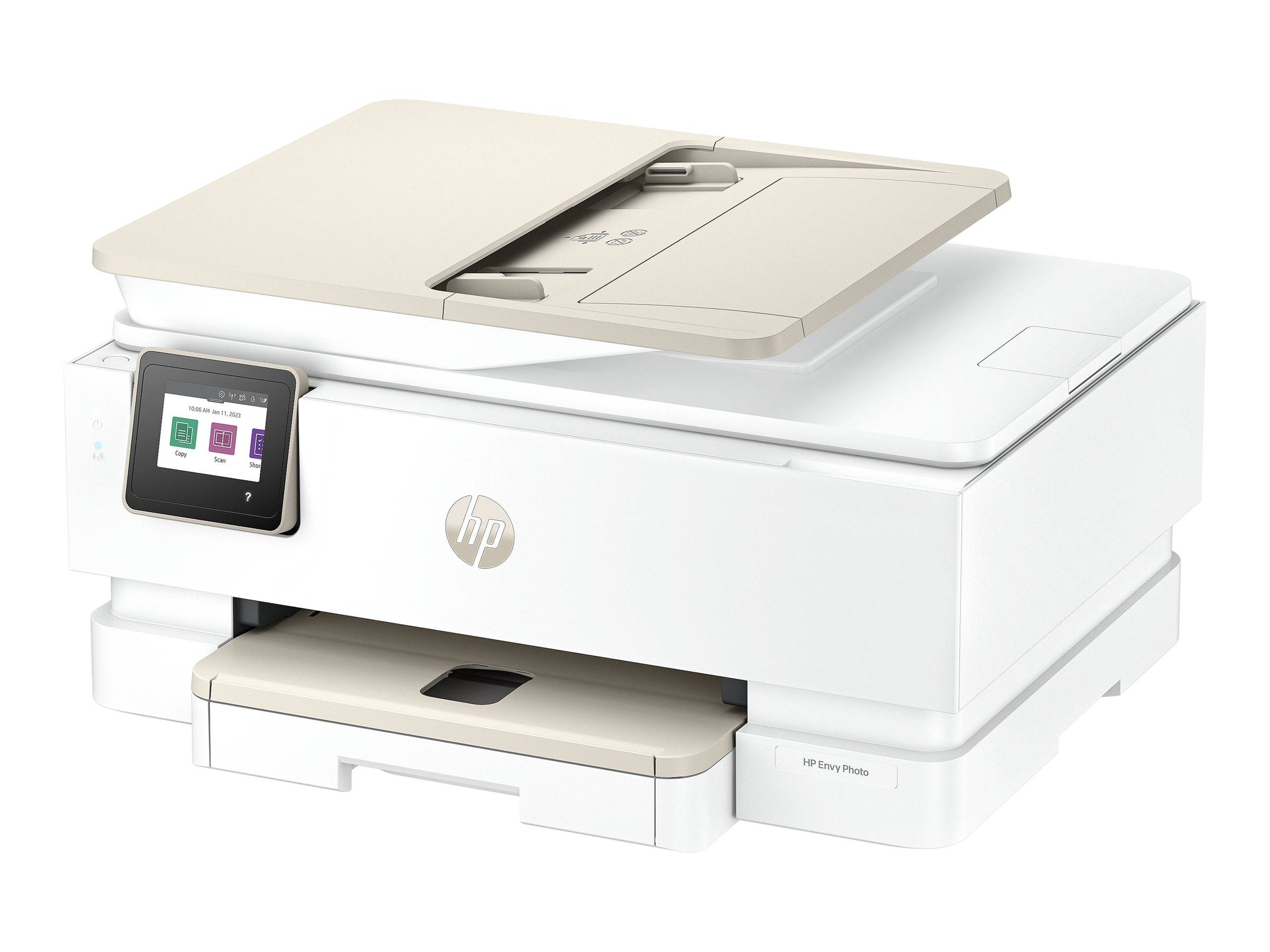Das Bild zeigt einen modernen, weißen HP-Drucker mit einem digitalen Touchscreen-Panel, das Optionen anzeigt. Der obere Scannerdeckel ist leicht geöffnet.