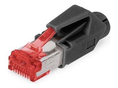 Eine Nahaufnahme eines Ethernet-Kabels mit einem roten Clip und einem schwarzen Überwurf, der üblicherweise für Netzwerkverbindungen verwendet wird.
