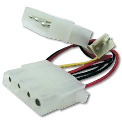 Ein weißer Molex mit vier Pins zu einem Lüfter-Anschluss mit drei Pins, ausgestattet mit roten, gelben und schwarzen Kabeln, verwendet zum Stromversorgen von Computerkomponenten.