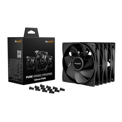 Sei still! PURE WINGS 3 REVERSE 120mm PWM Lüfter-Set mit vier schwarzen Lüftern und Schrauben, neben der Verpackung präsentiert.
