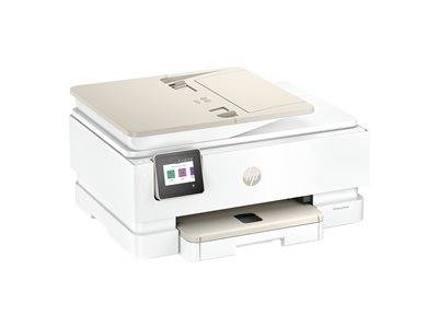 Ein weißer Multifunktionsdrucker mit Touchscreen-Display, ausgestattet mit Scan- und Druckfunktionen, geeignet für die Verwendung im Home-Office.