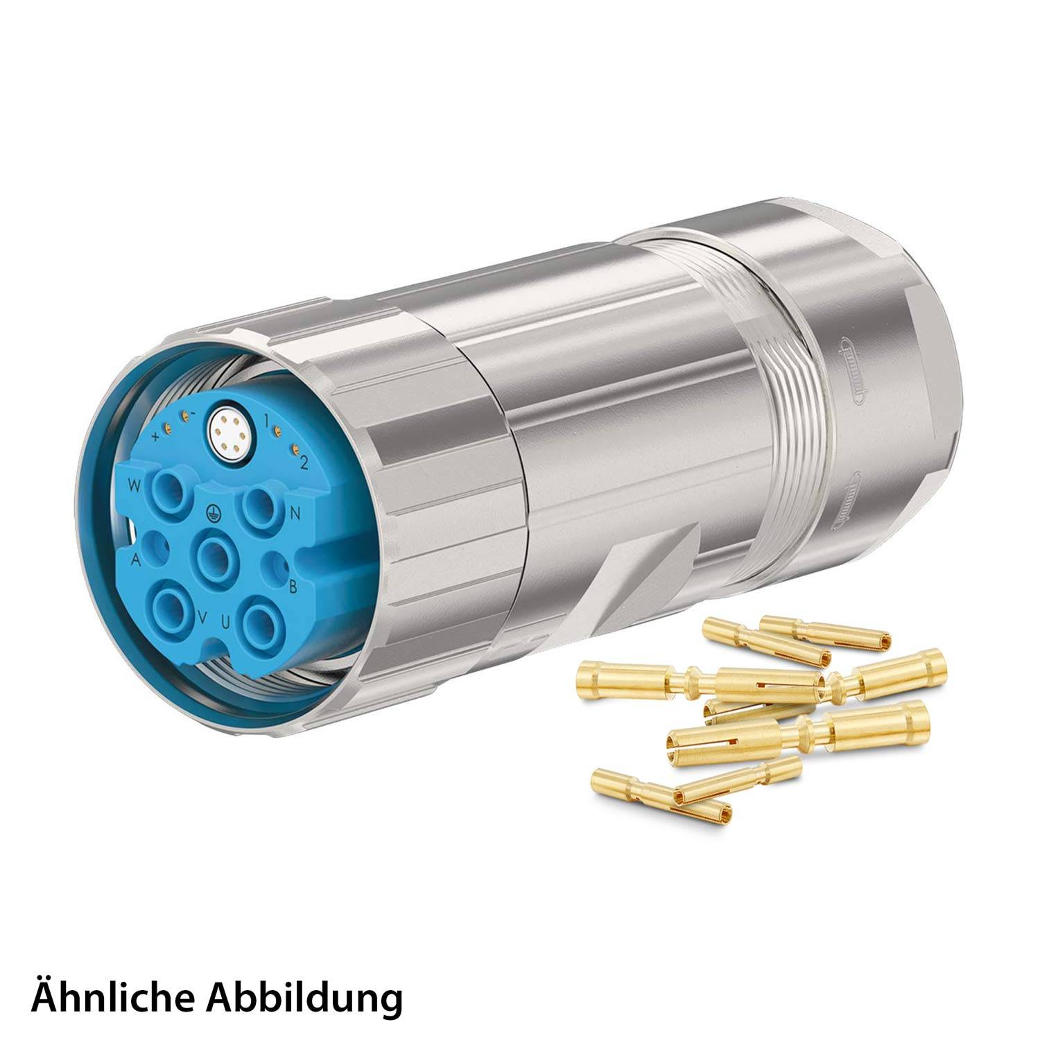 Ein zylindrischer Metallverbinder mit einem blauen Innenbereich, der Steckplätze für elektrische Anschlüsse zeigt, begleitet von mehreren goldenen Stiften.
