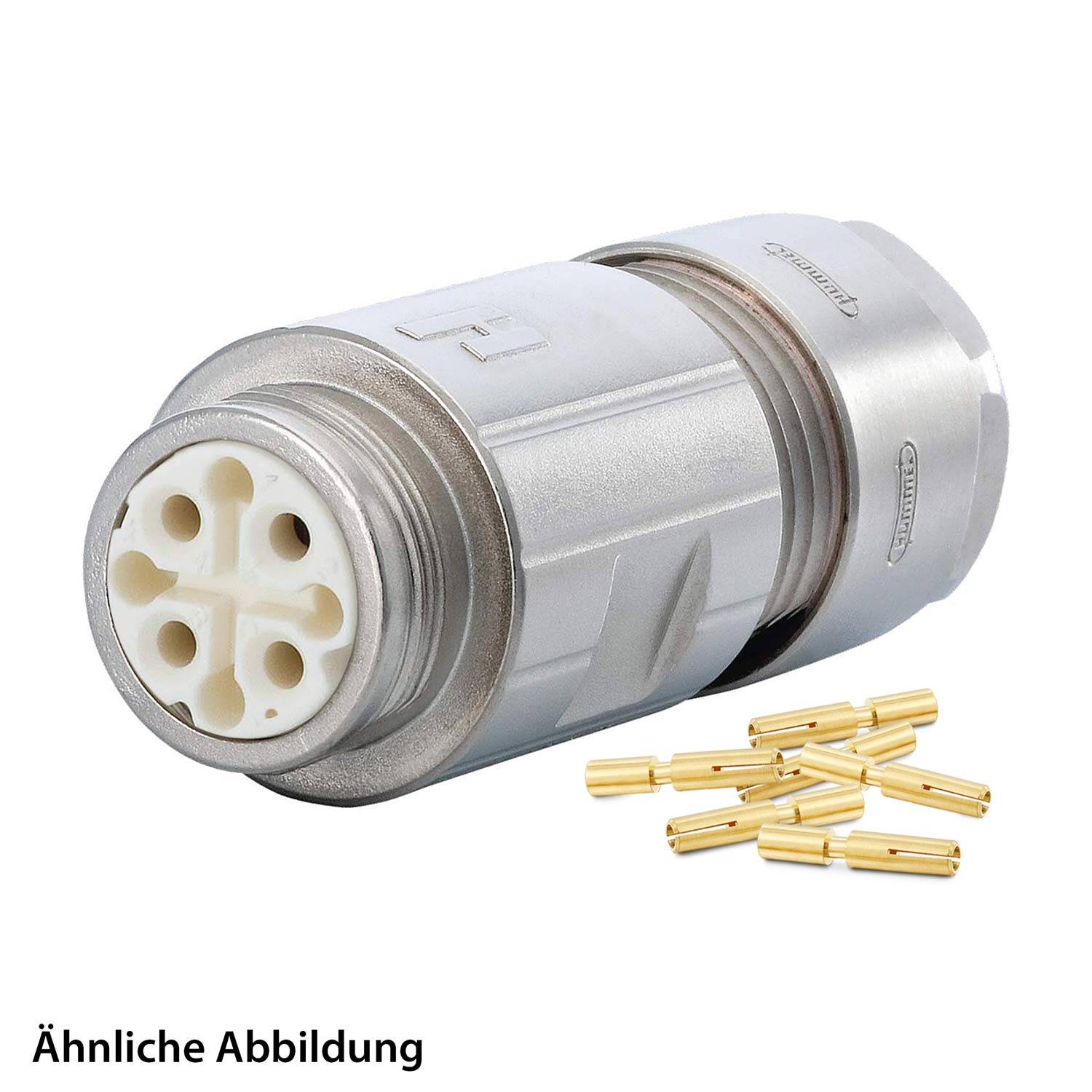 Ein Metallstromverbinder mit mehreren Eingangsbuchsen, neben einer Gruppe kleiner Goldpins. Text: Ähnliche Abbildung.
