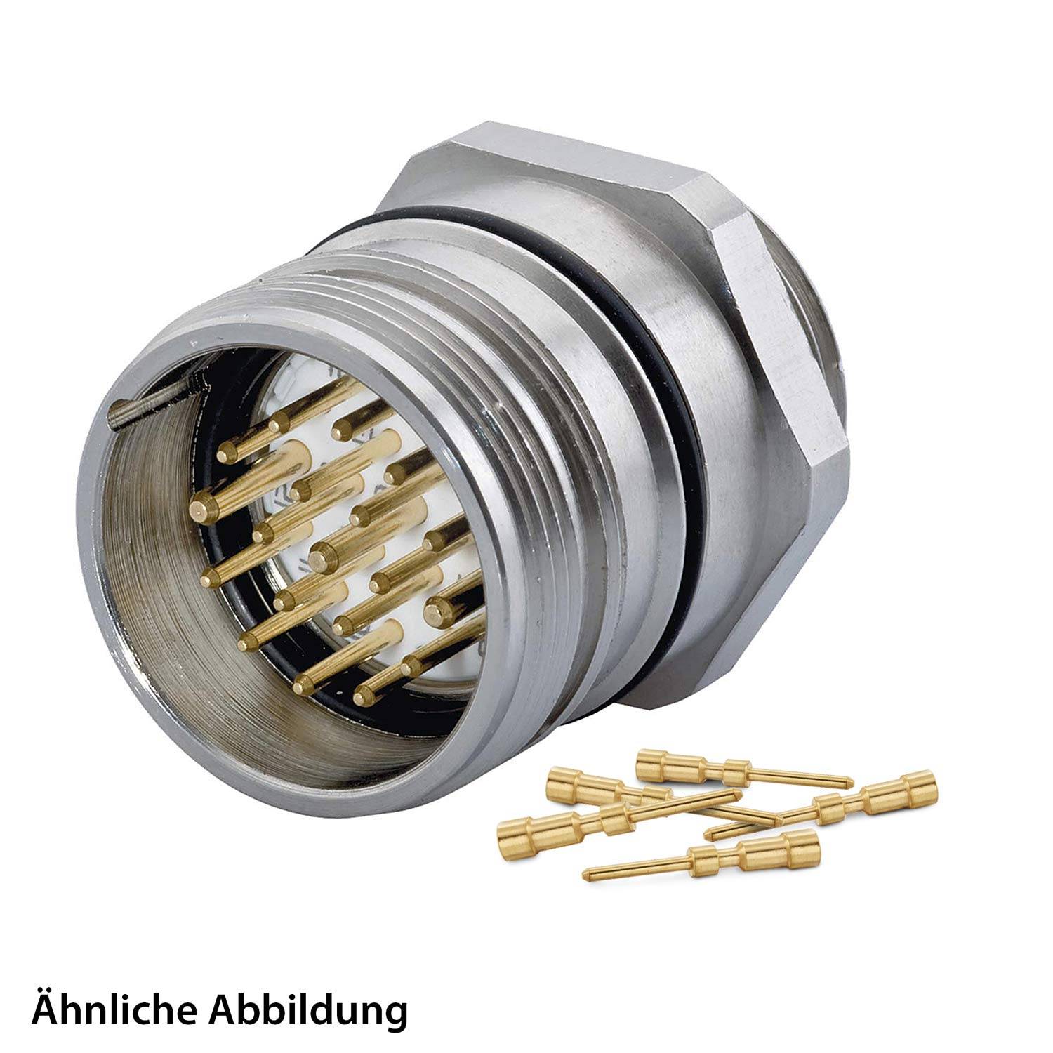 Ein Metallverbinder mit mehreren Goldstiften wird gezeigt.
