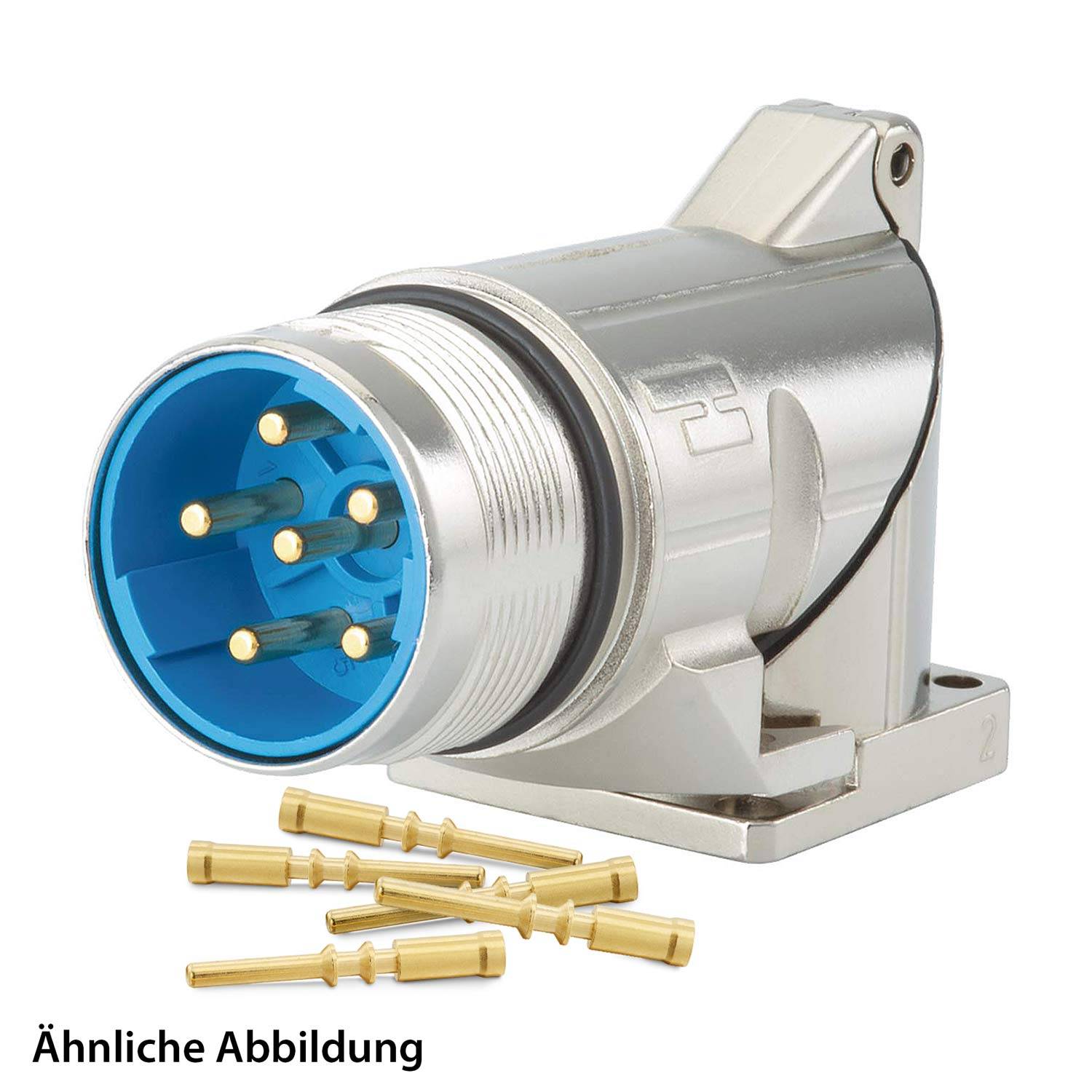 Ein metallischer elektrischer Verbinder mit blauer Schnittstelle und mehreren goldenen Kontaktstiften, dargestellt mit zusätzlichen abgetrennten goldenen Kontaktstiften darunter.