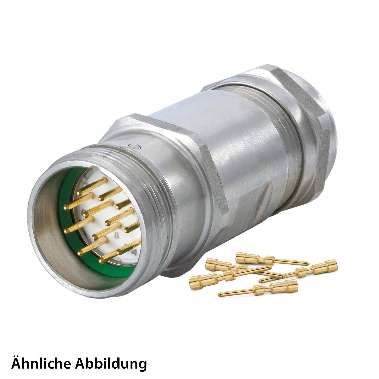 Ein Metallkreisverbinder mit mehreren goldenen Stiften, horizontal ausgerichtet, mit zusätzlichen losen goldenen Stiften daneben. Text lautet 'Ähnliche Abbildung'.