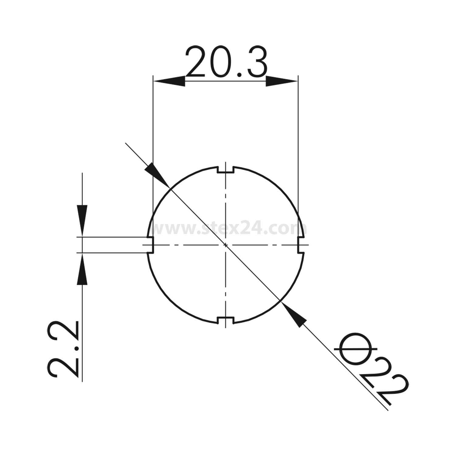 Technische Zeichnung eines Kreises mit einem Durchmesser von 22, einer Mittellinie mit einer Länge von 20,3 und einer Seitenmessung von 2,2.