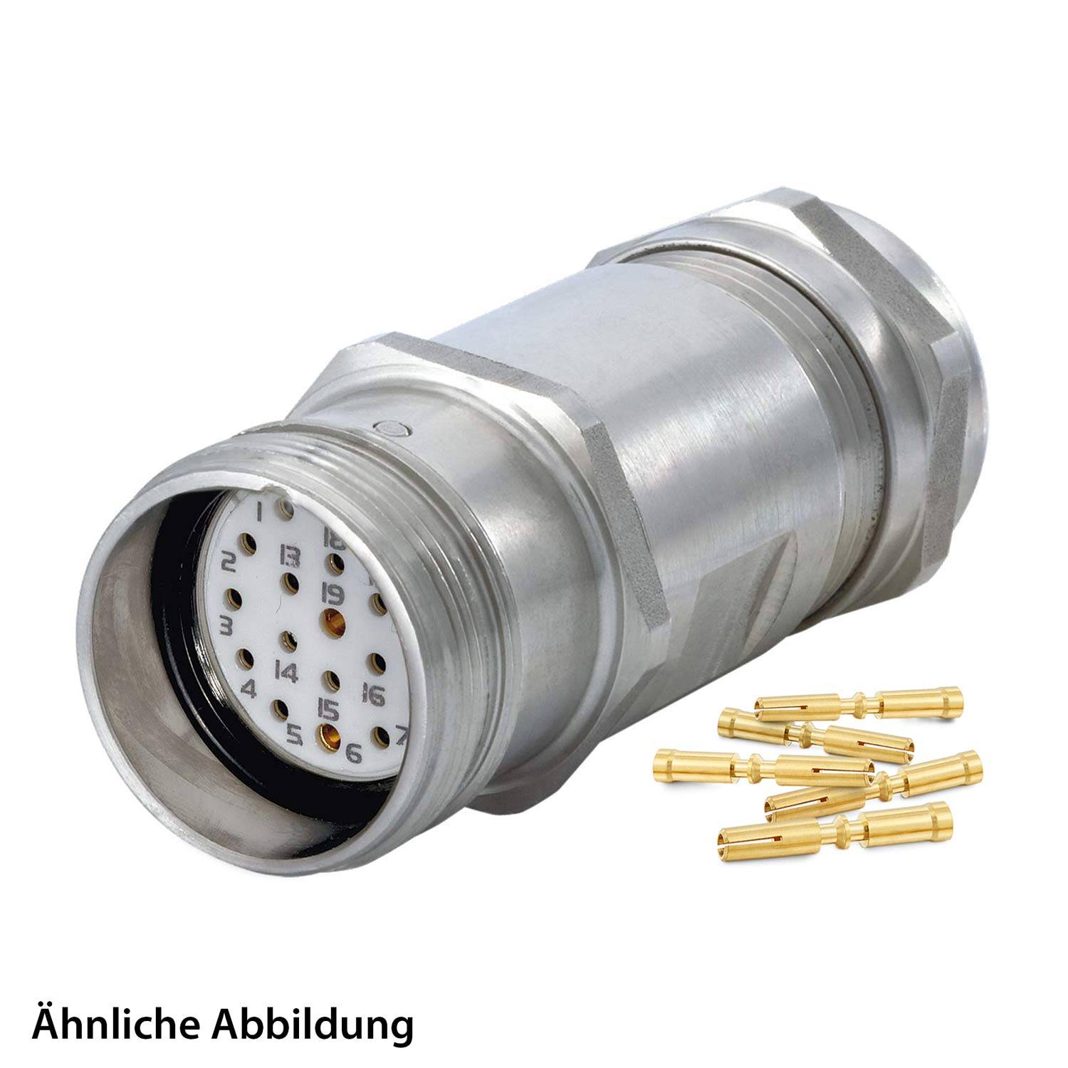 Metallverbinder mit mehreren Pinöffnungen und abgetrennten vergoldeten Kontakten an der Seite, unten mit der Bezeichnung 'Ähnliche Abbildung' beschriftet.