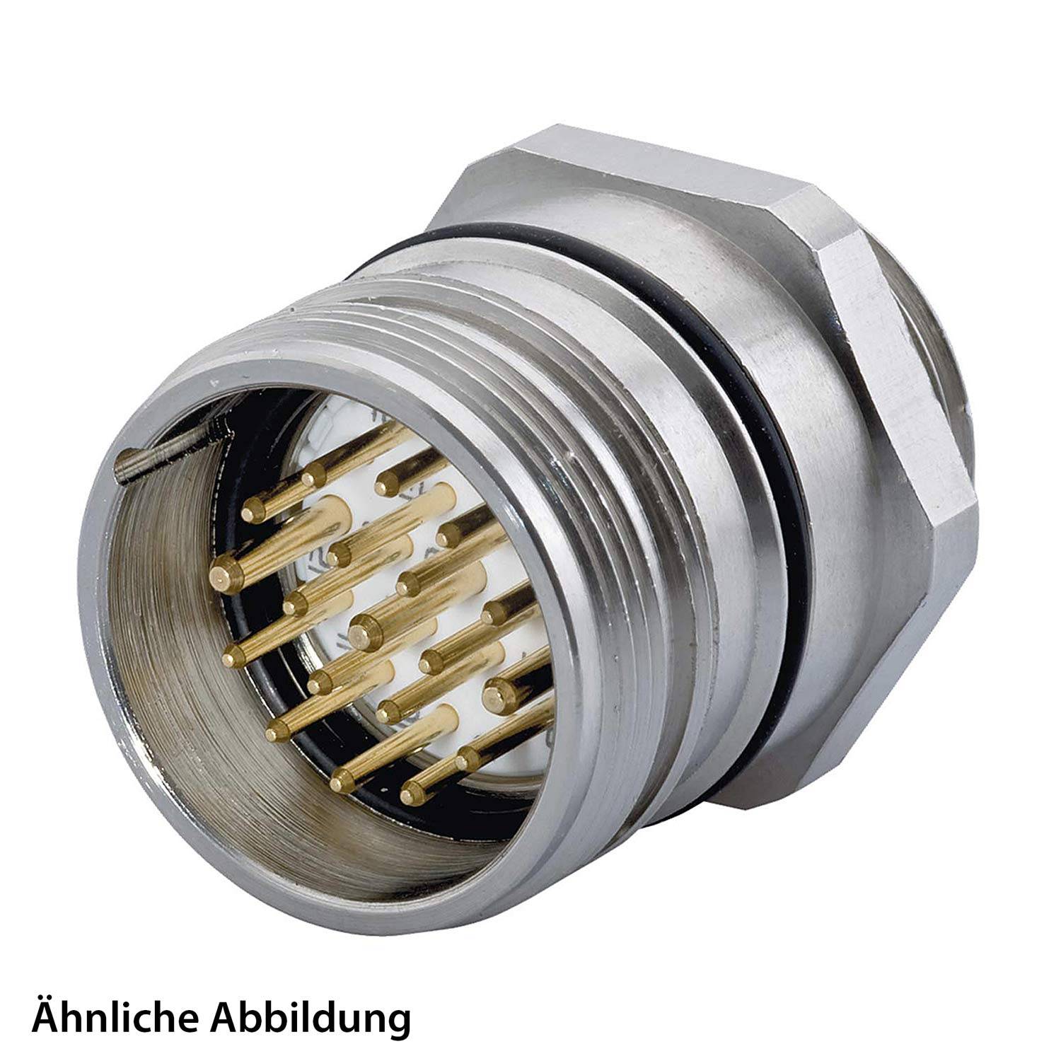 „Ein metallischer Rundsteckverbinder mit mehreren Goldpins, der typischerweise für elektrische Verbindungen in industriellen oder elektronischen Anwendungen verwendet wird.