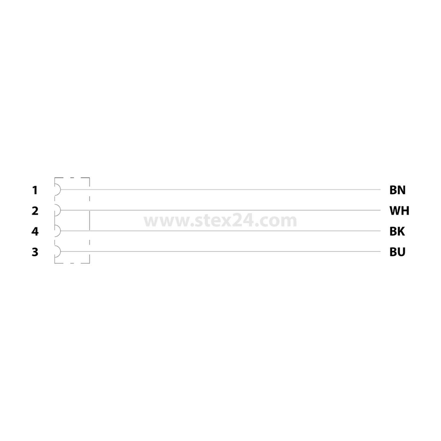 Diagramm, das Drahttpositionen von 1 bis 4 zeigt, beschriftet mit 'BN', 'WH', 'BK', 'BU'.