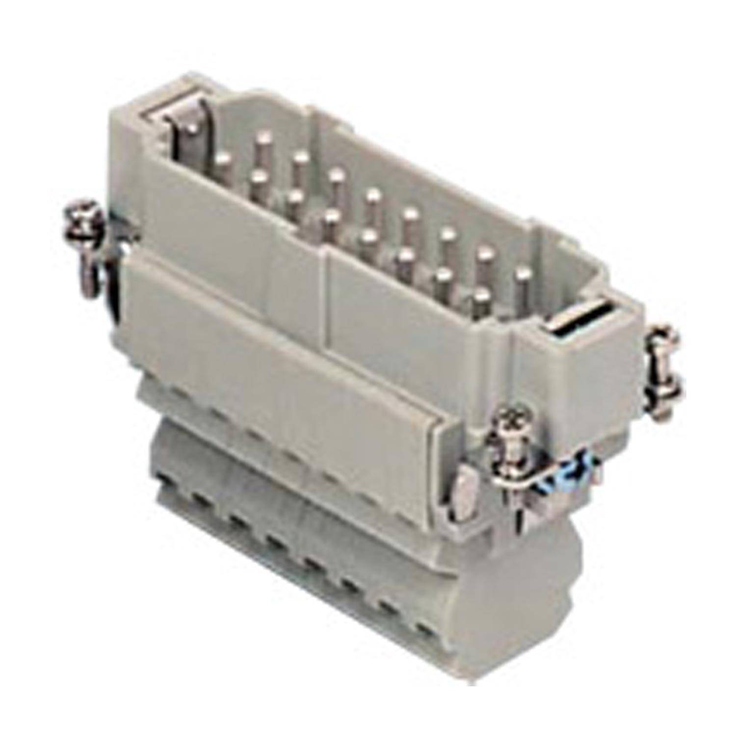 Elektrischer Steckverbinder mit mehreren Pins für industrielle Maschinen, mit rechteckiger Form und Sicherungsschrauben an den Seiten.