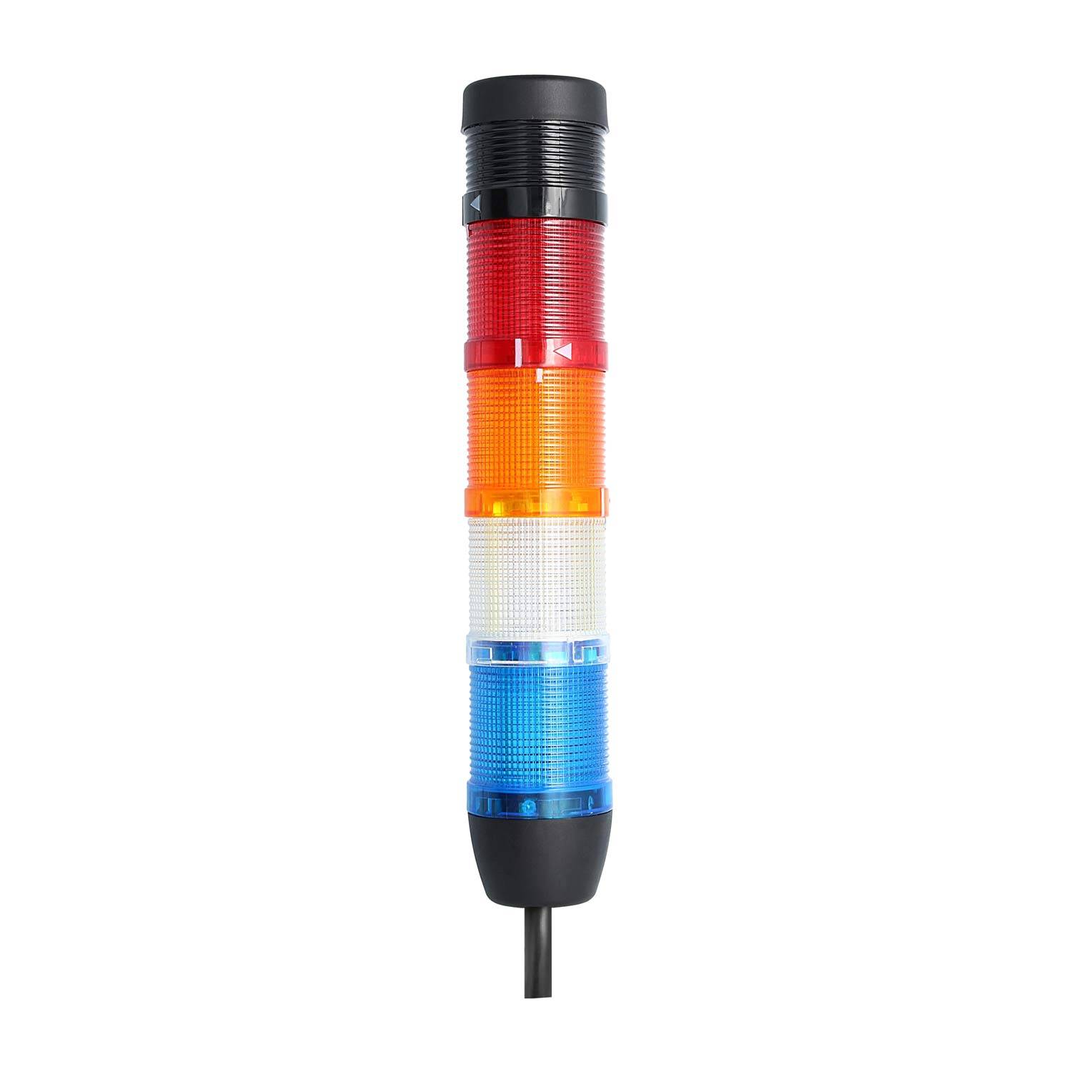 Eine Signalleuchte mit fünf farbigen Abschnitten: Schwarz, Rot, Orange, Gelb, Weiß und Blau, die zur Signalisierung des Maschinenstatus oder zur Warnung verwendet wird.