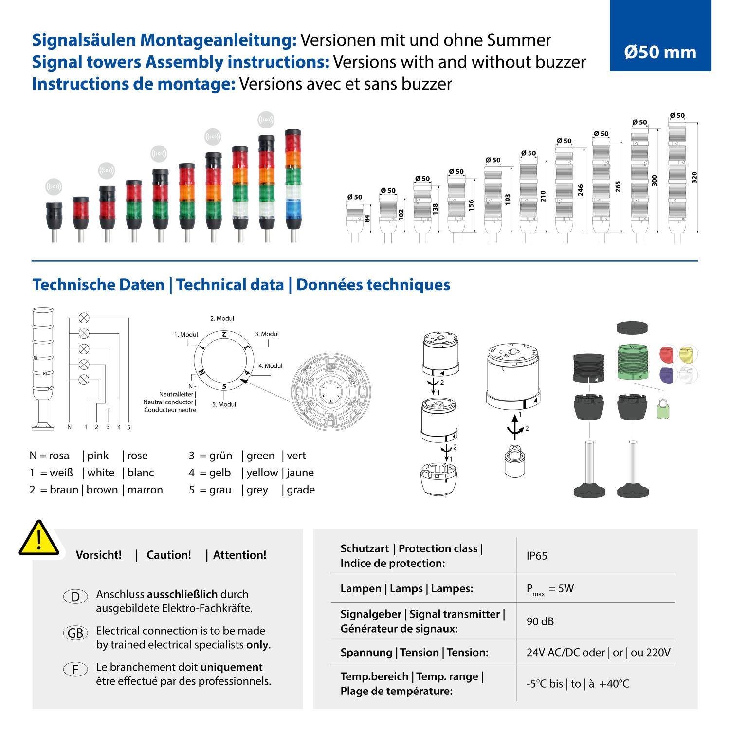 STEX24 Signalsäule blau-gelb-rot, 50mm, 24V AC/DC, LED-Dauerlicht Kabel 10,0 Meter, SS50-OB3/24 166 Anschlusstechnik: