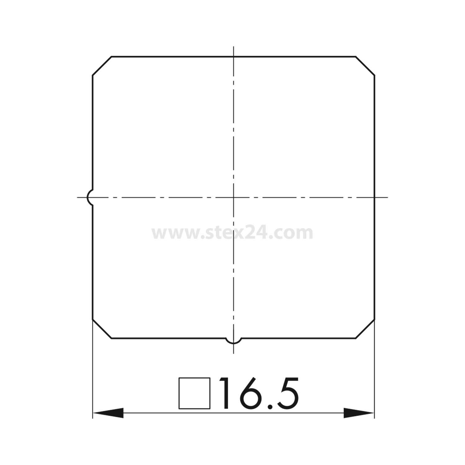 Quadrat mit abgerundeten Ecken, mit der Bezeichnung '16,5' in der Mitte unterhalb des Quadrats.