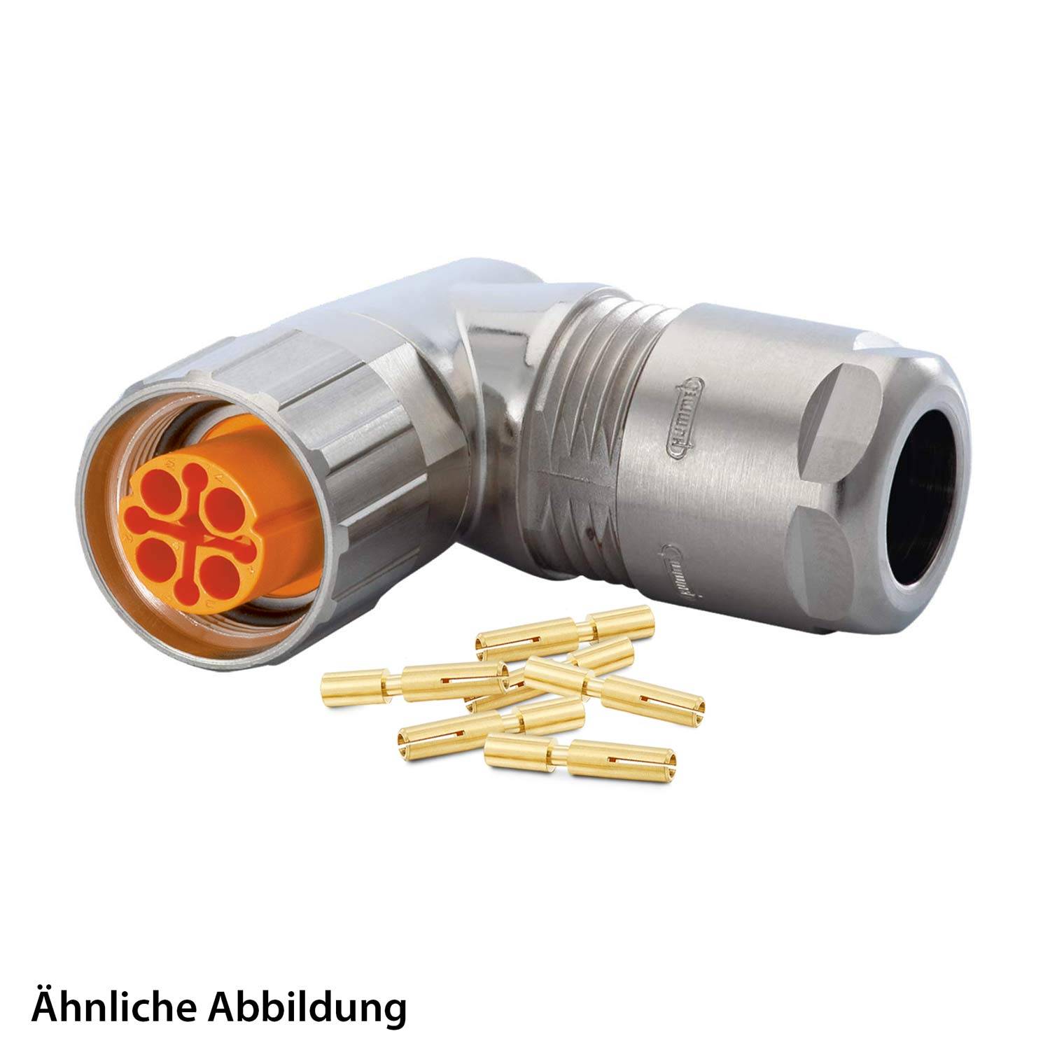 Winkelförmiger Metallverbinder mit orangefarbener Innenseite, der vier interne Komponenten zeigt. Mehrere kleine Goldpins sind in der Nähe dargestellt.