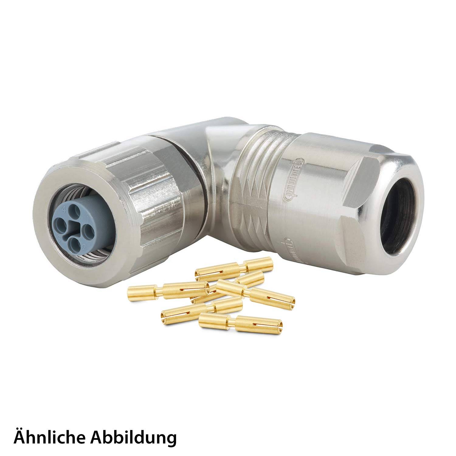 Metallverbinder mit Ellbogendesign und mehreren kleinen goldenen Pins. Bildunterschrift auf Deutsch lautet: 'Ähnliche Abbildung'.