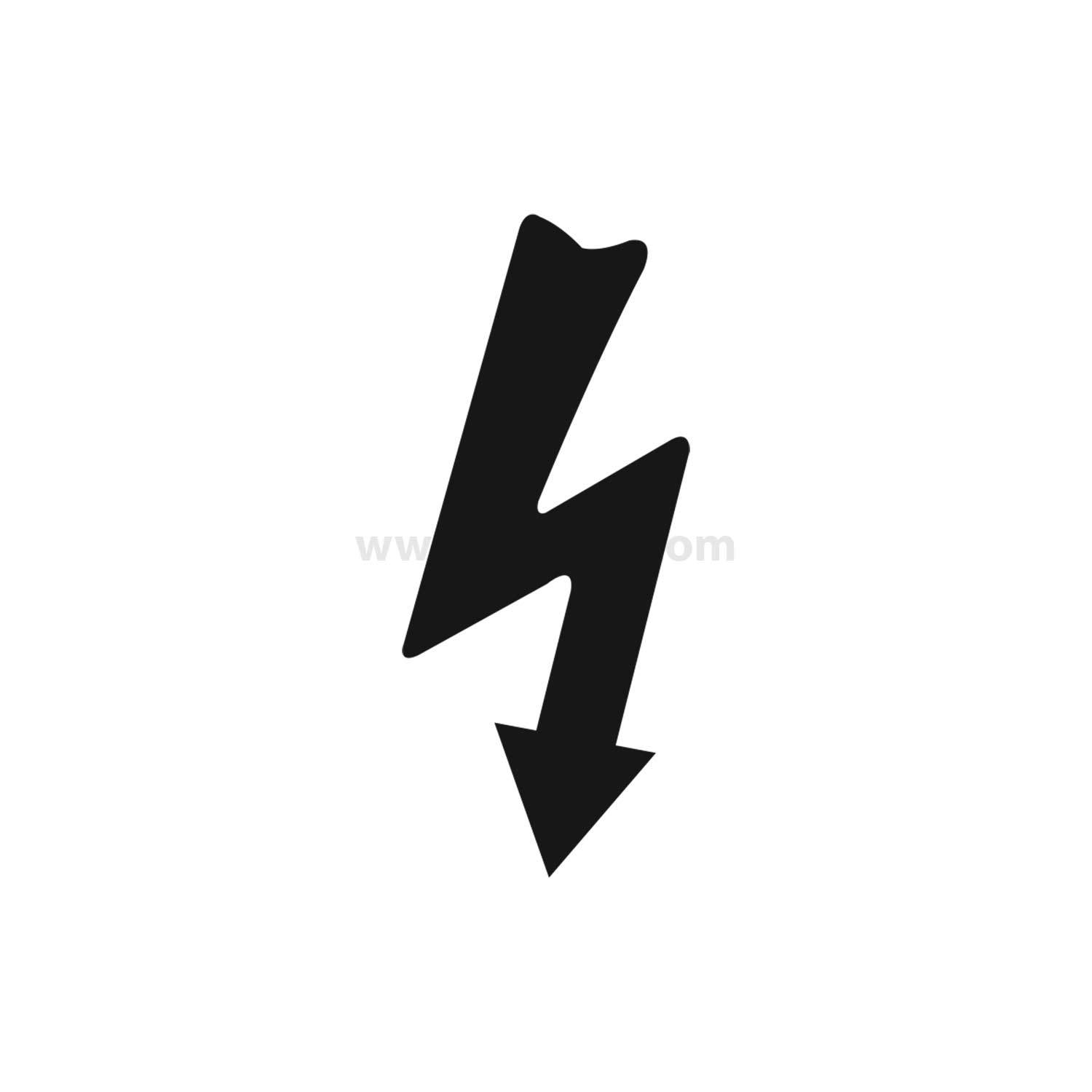 Ein schwarzer Blitz, der nach unten zeigt, auf weißem Hintergrund, symbolisiert Elektrizität oder Energie.