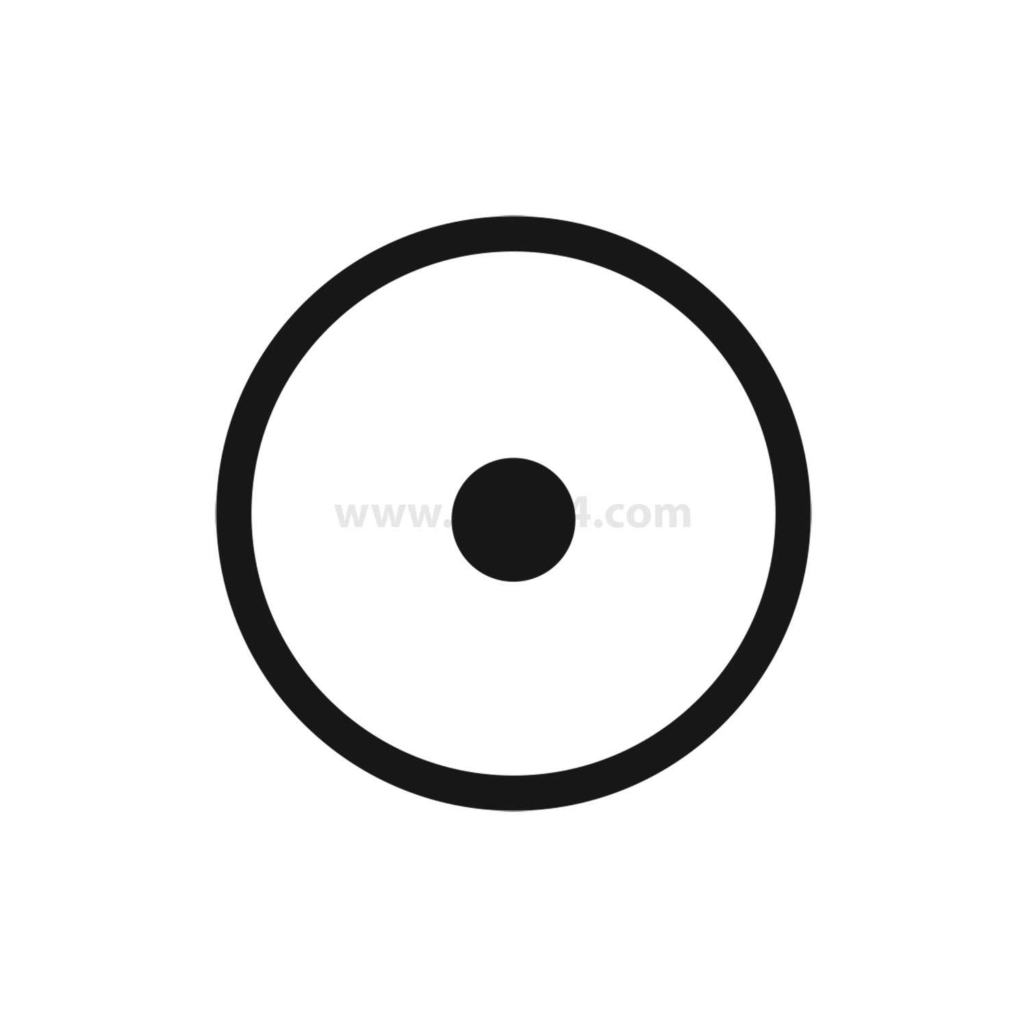 Ein schwarzer Kreis mit einem kleineren schwarzen Kreis in der Mitte, ähnlich einem Fadenkreuz oder Zielscheibensymbol, auf weißem Hintergrund.