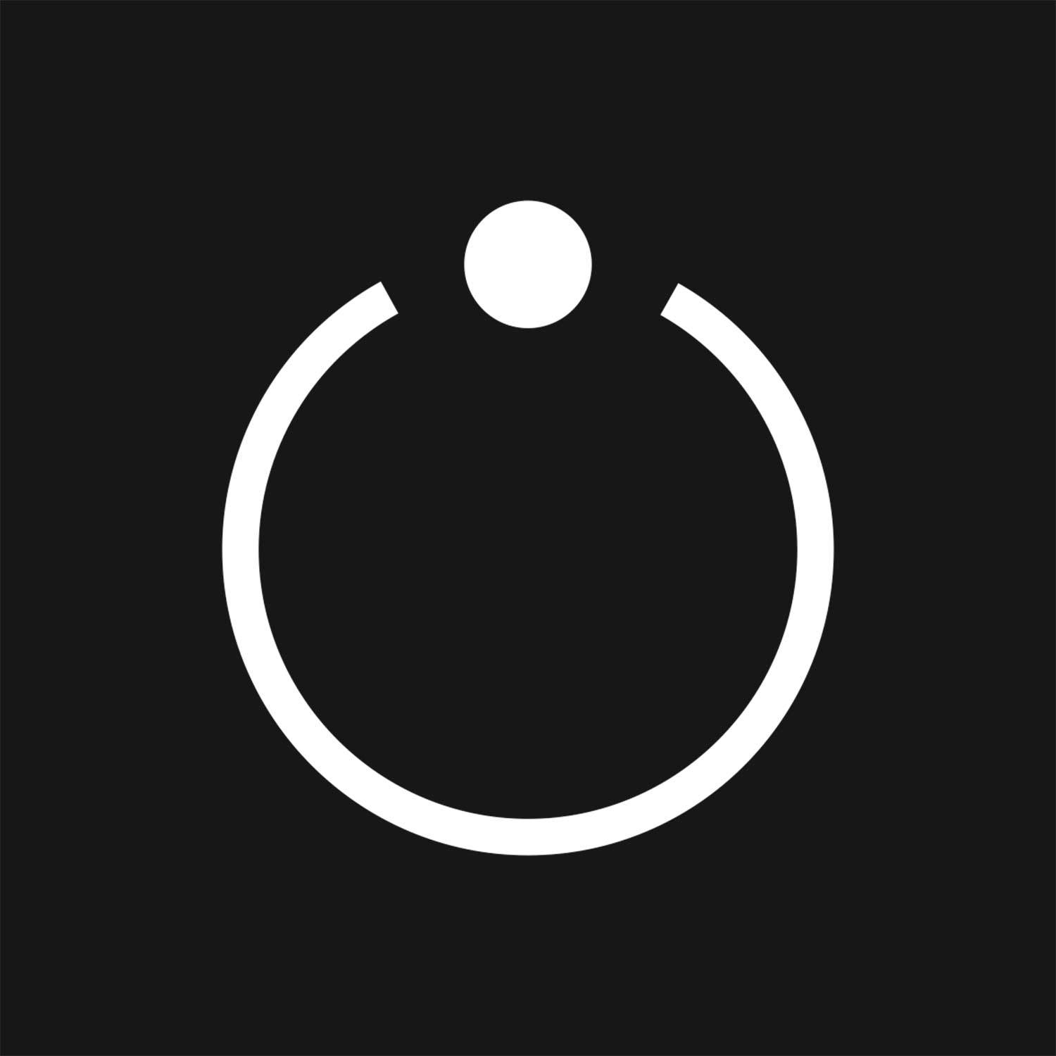 Ein weißer Kreis mit einer Lücke oben und einem Punkt darüber auf einem schwarzen Hintergrund.