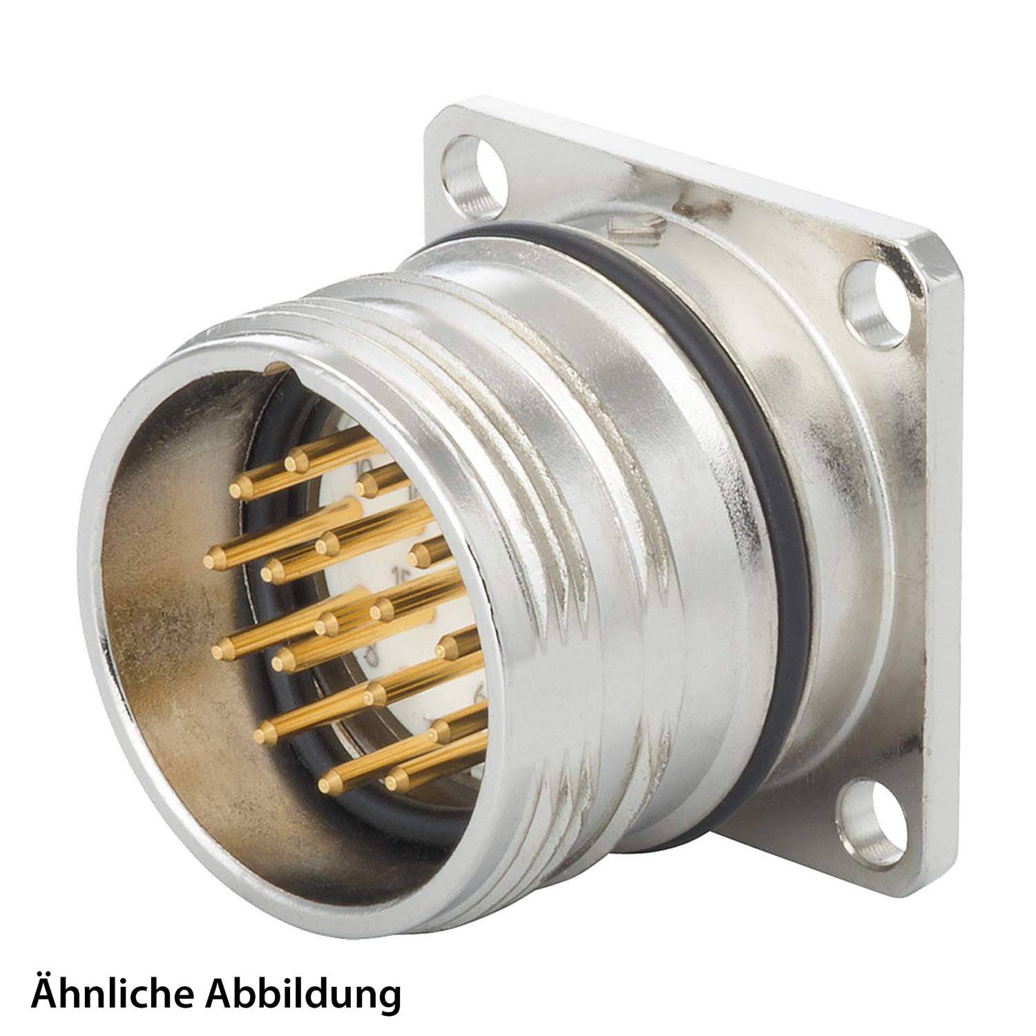 Ein metallischer kreisförmiger industrieller Verbinder mit mehreren Goldpins und einer Befestigungsplatte, der für robuste elektrische Verbindungen verwendet wird.