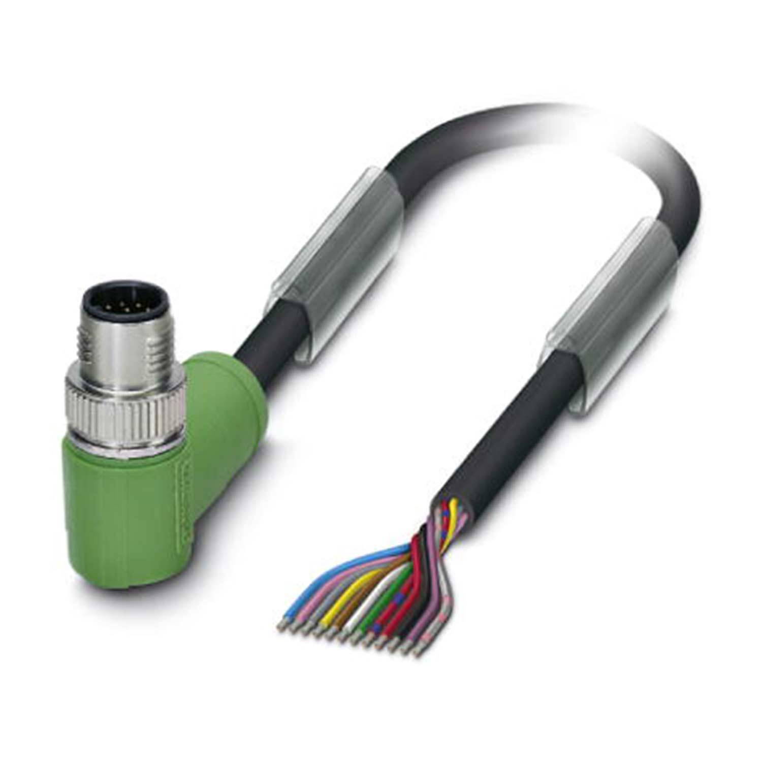 Grüner rechtwinkliger Verbinder, der an ein mehrfarbiges Kabel mit freigelegten Drähten am Ende angeschlossen ist, wahrscheinlich für industrielle Anwendungen verwendet.