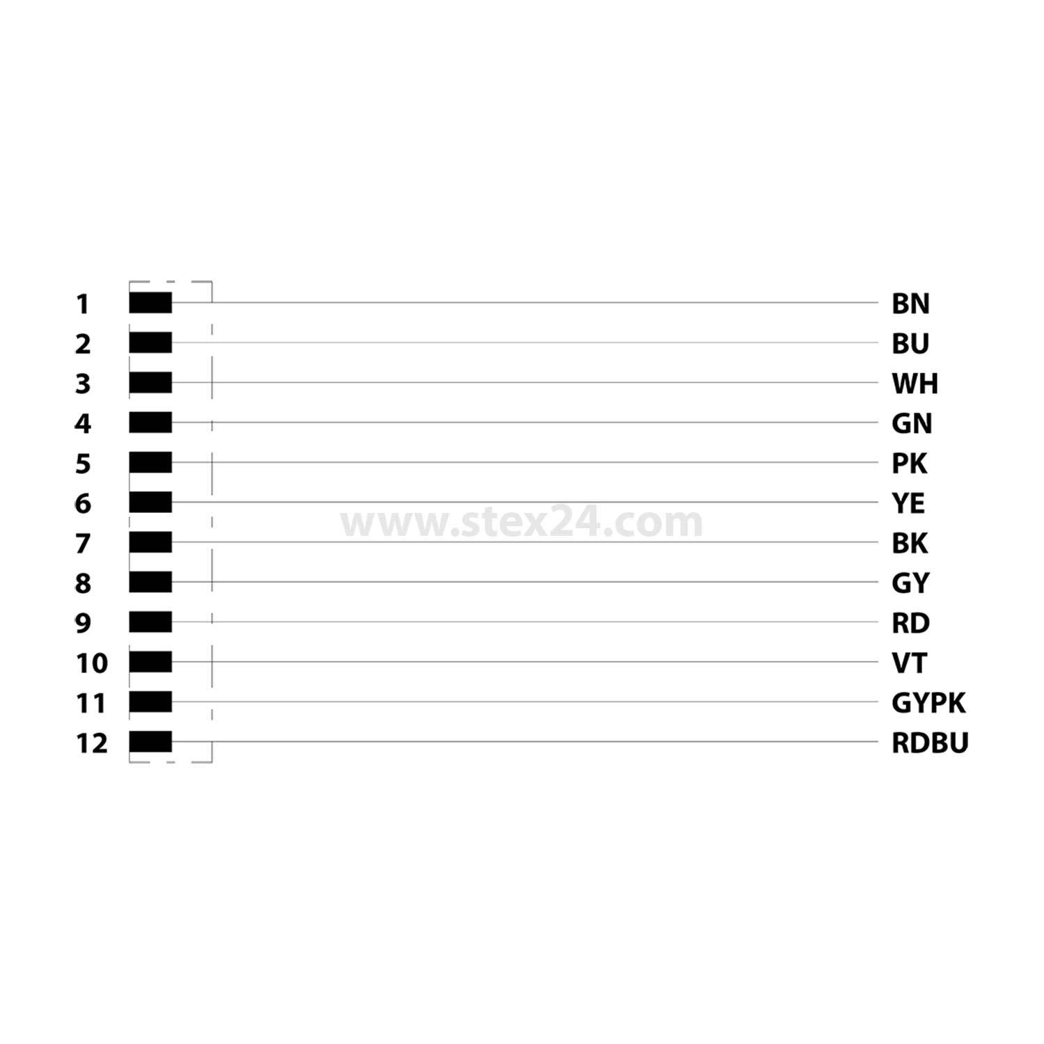 Bild von 12 Zeilen von 1 bis 12 mit schwarzen und weißen Rechtecken auf der linken Seite, beschriftet mit den Farben BN, BU, WH, GN, PK, YE, BK, GY, RD, VT, GYPK, RDBU.