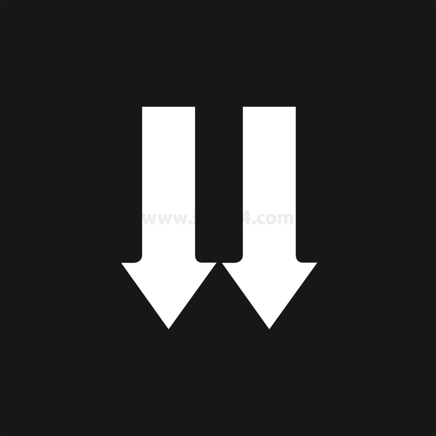 Symbol für den 'Pause-Button' mit nach unten gerichteten Pfeilen, auf einem schwarzen Hintergrund.