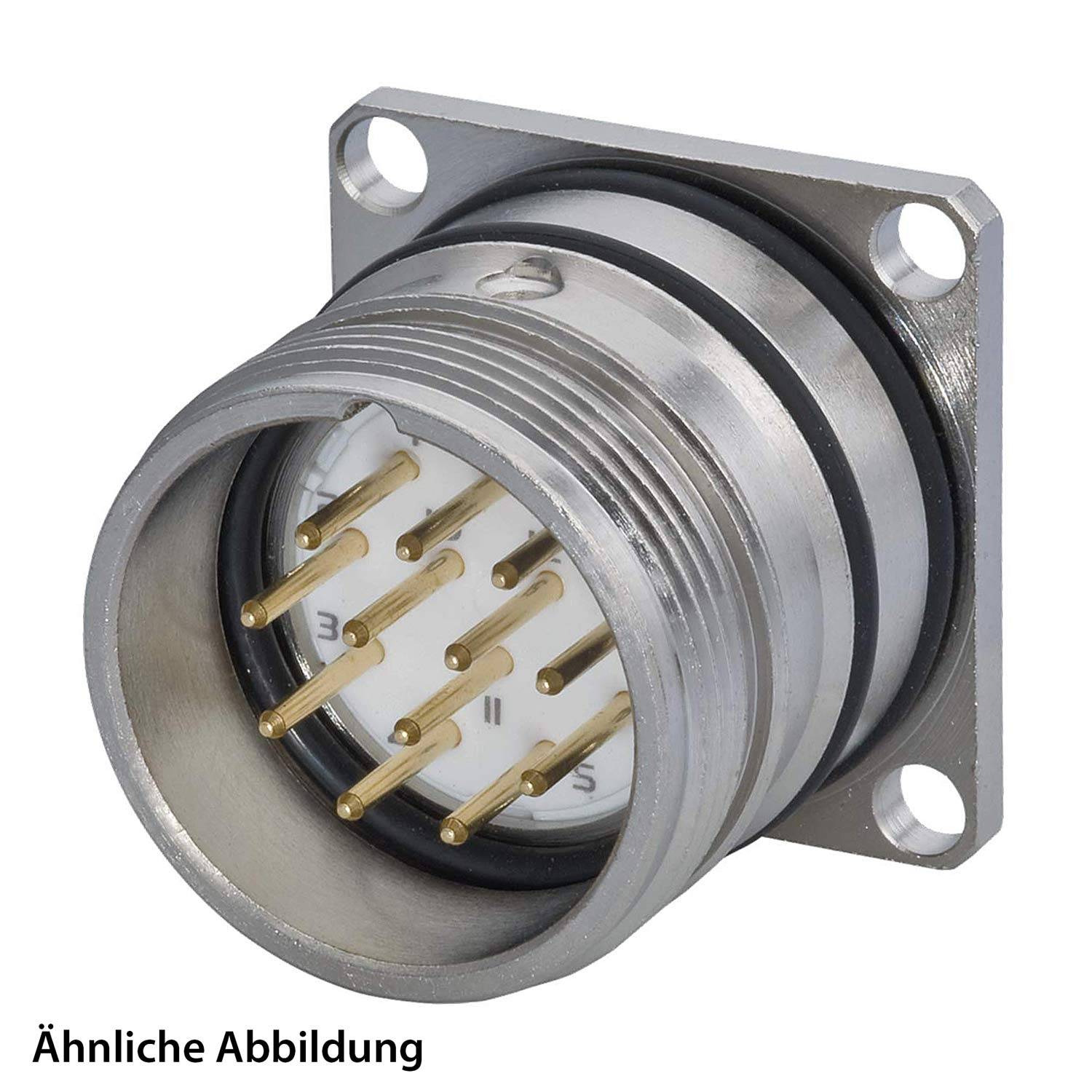 Ein Metallkreisverbinder mit mehreren Goldstiften für elektrische Verbindungen, montiert auf einer rechteckigen Platte mit vier Löchern.