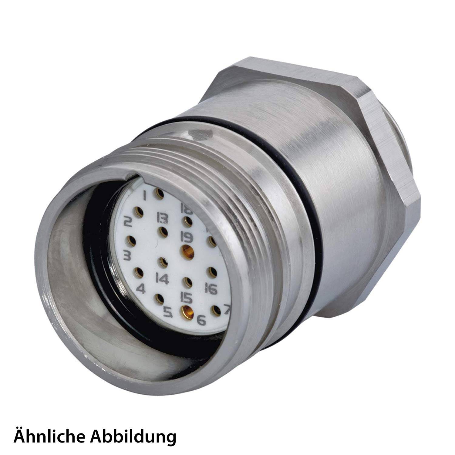 Ein kreisförmiger Metallverbinder mit mehreren Pins, die in einem nummerierten Muster angeordnet sind und für elektronische oder mechanische Verbindungen verwendet werden.