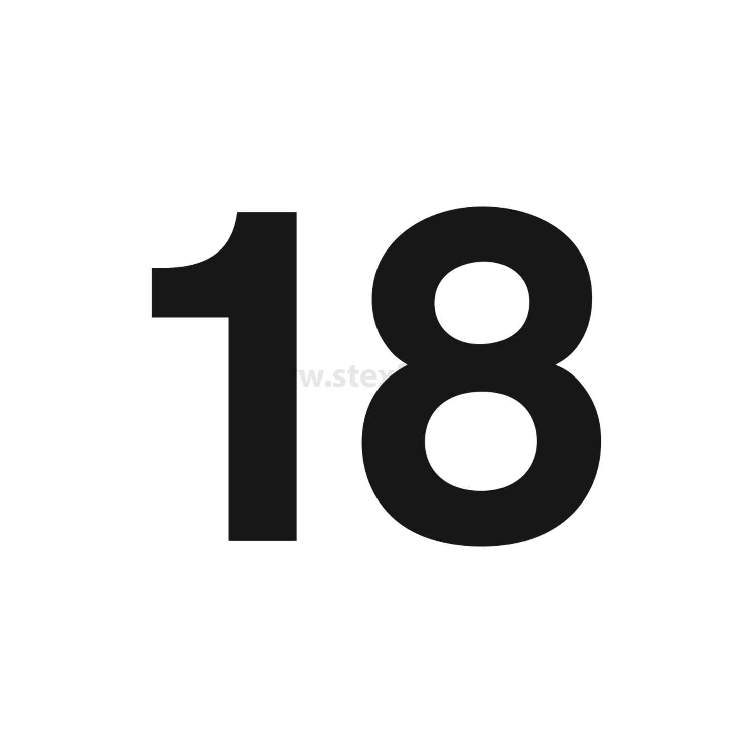 18' in fetter schwarzer Schrift auf weißem Hintergrund.