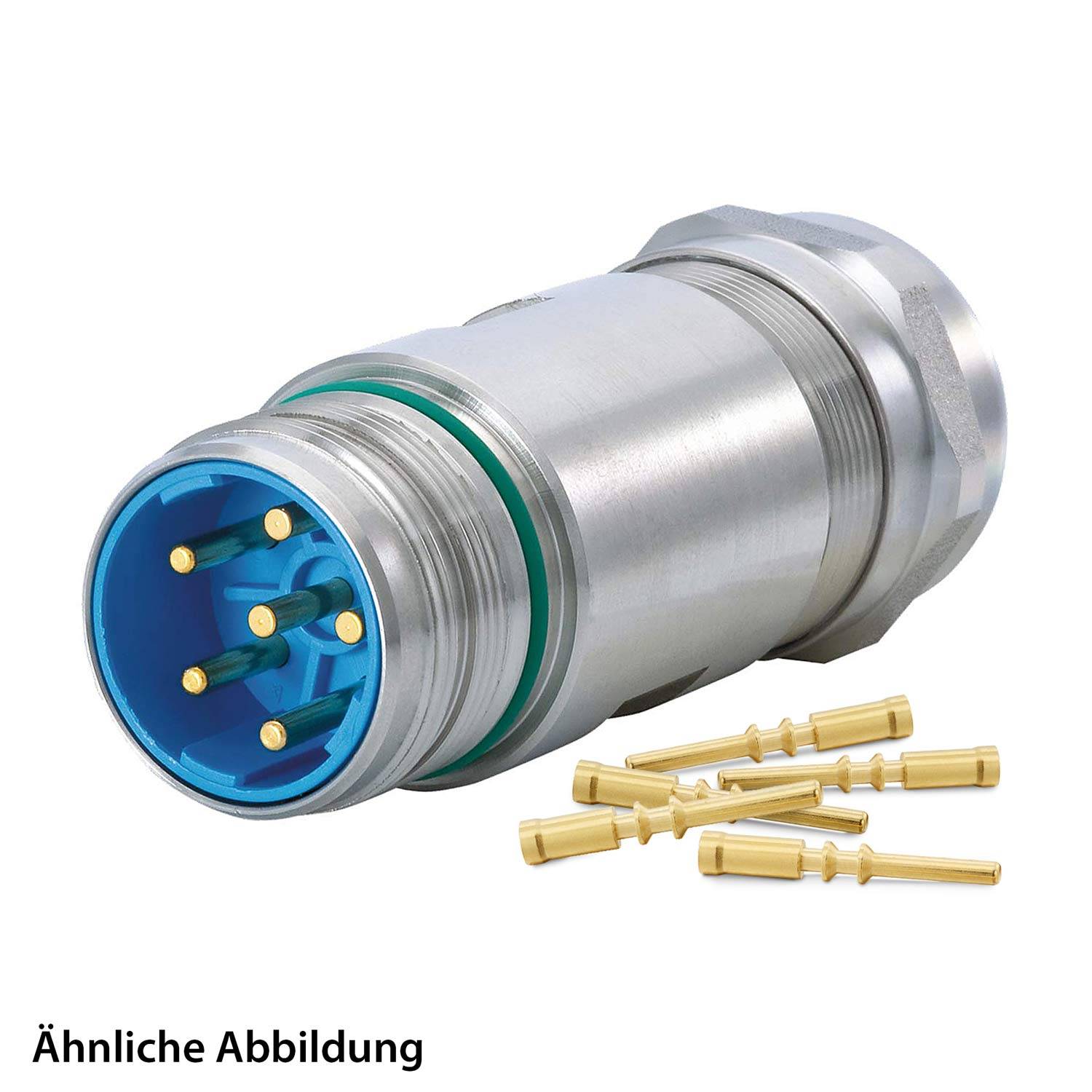 Ein silberner metallischer Anschluss mit blauer Frontseite und sechs goldenen Stiften, begleitet von fünf separaten Goldstiftkomponenten.