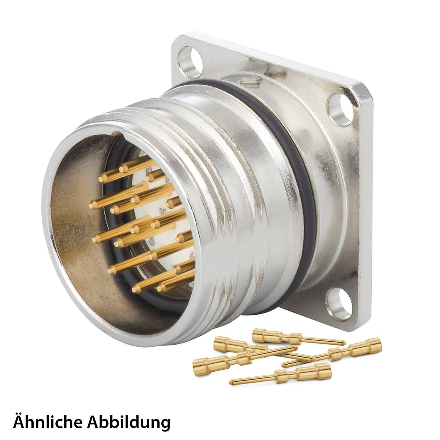 Ein silberner kreisförmiger Anschluss mit mehreren goldenen Pins, neben separaten Goldkontakten. Text darunter liest: „Ähnliche Abbildung