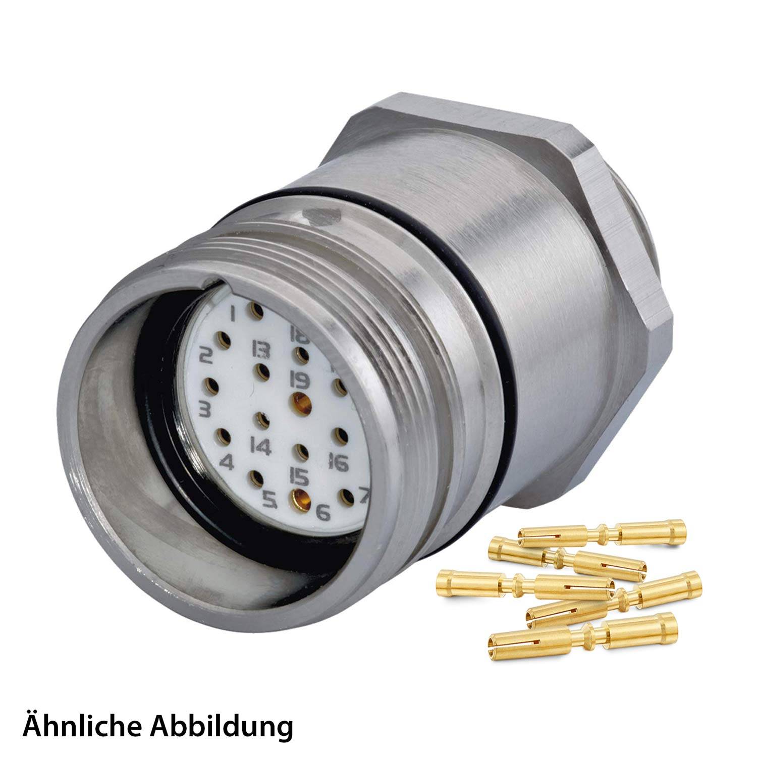 Ein metallischer kreisförmiger Anschluss mit mehreren Pins im Inneren, dargestellt neben mehreren abgenommenen goldenen Anschlusspins. Deutscher Text lautet ‚Ähnliche Abbildung'.