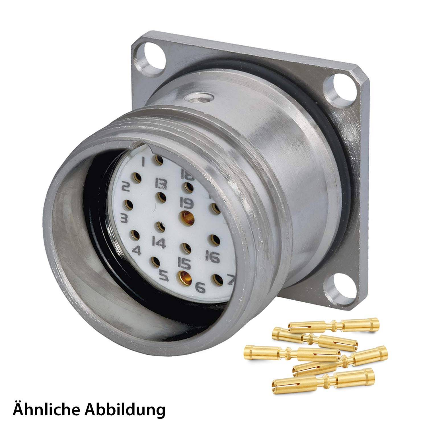 Ein metallischer kreisförmiger elektrischer Steckverbinder mit mehreren nummerierten Pins und einer quadratischen Montageplatte, begleitet von mehreren goldenen Kontaktstiften.