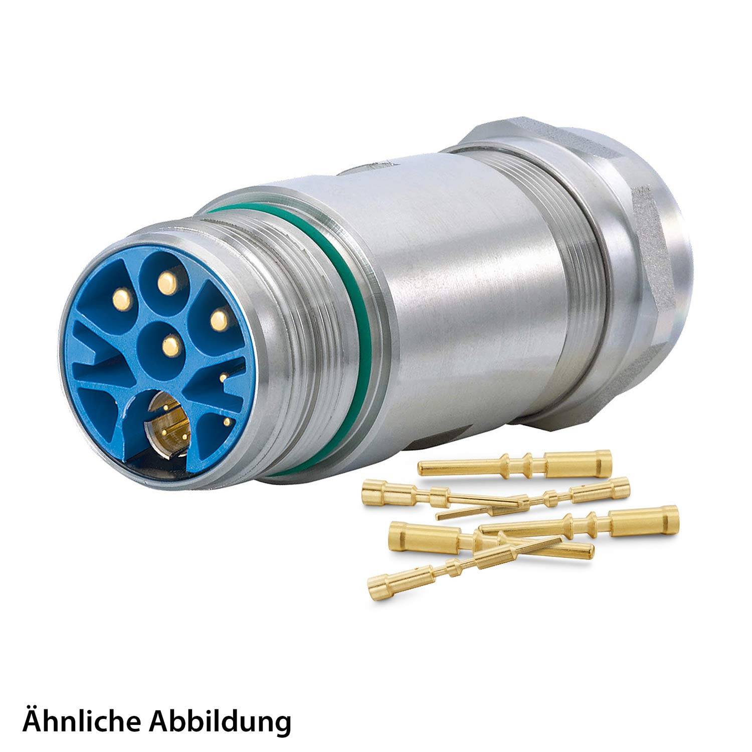 Ein silberner Metallstecker mit blauem Innenbereich, der mehrere Pinslots und einen O-Ring aufweist, liegt auf der Seite. Einige goldene Stifte befinden sich in der Nähe.
