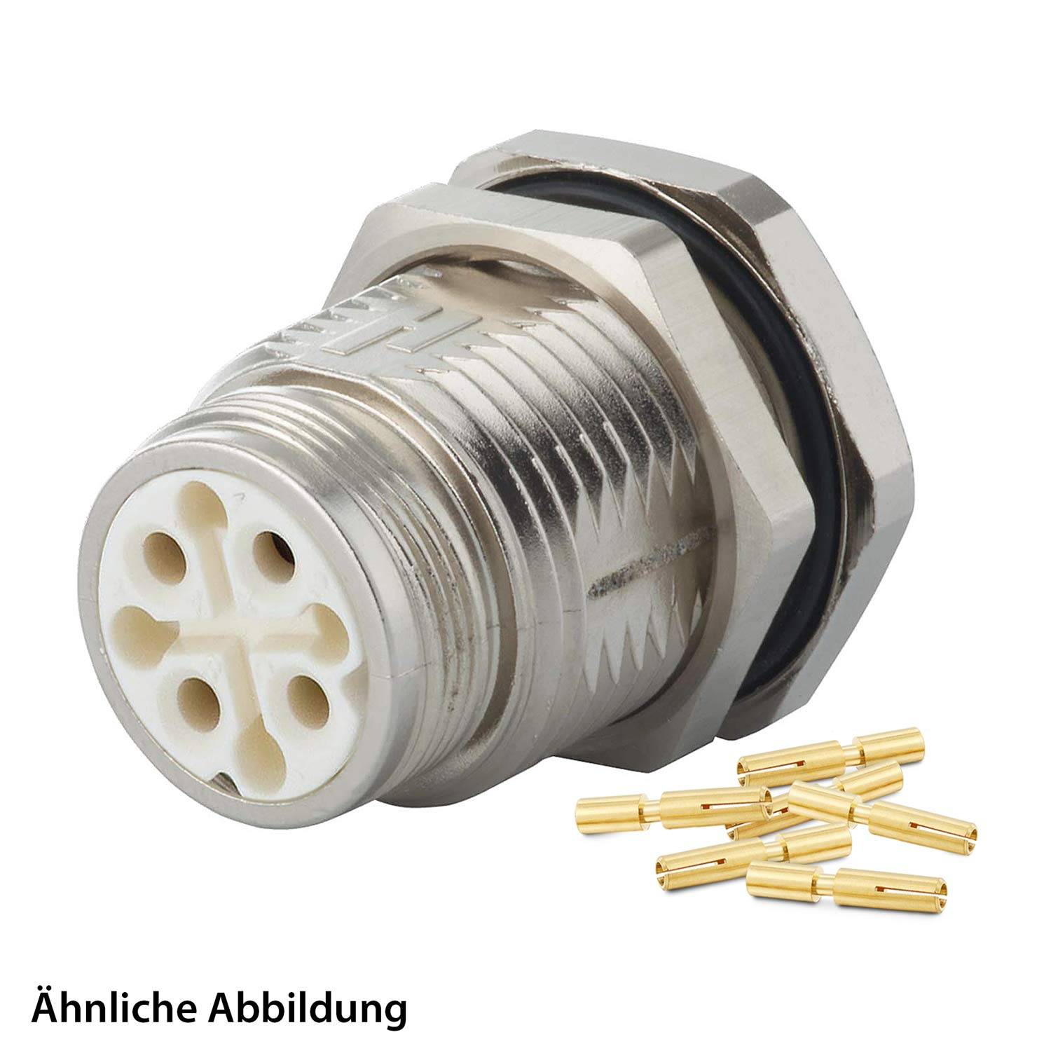 Metallzylinder-Verbinder mit einem weißen Ende, das vier Löcher aufweist, zusammen mit mehreren kleinen goldenen Pins, der in elektronischen Geräten verwendet wird.