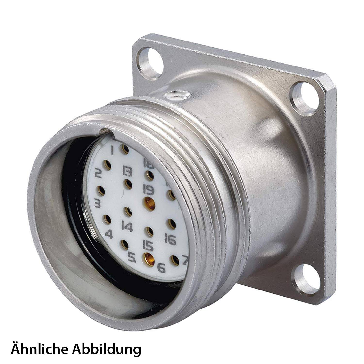 Ein Nahaufnahme eines metallischen elektrischen Anschlusses mit mehreren Pins für Verkabelung, montiert auf einer quadratischen Basis mit vier Bohrlöchern für Schrauben, gekennzeichnet als 'Ähnliche Abbildung'.