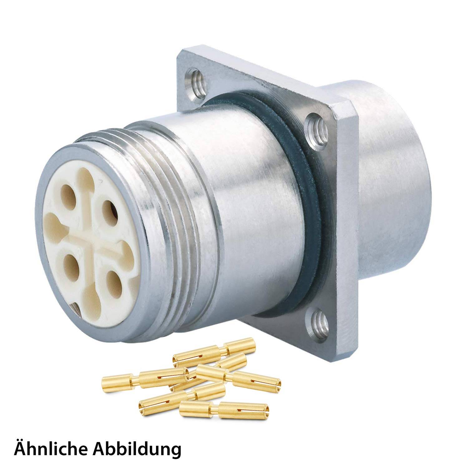Ein Metall-Elektroverbinder mit vier kreisförmigen Buchsen und zugehörigen Goldstiften ist abgebildet. Deutscher Text 'Ähnliche Abbildung' erscheint darunter.