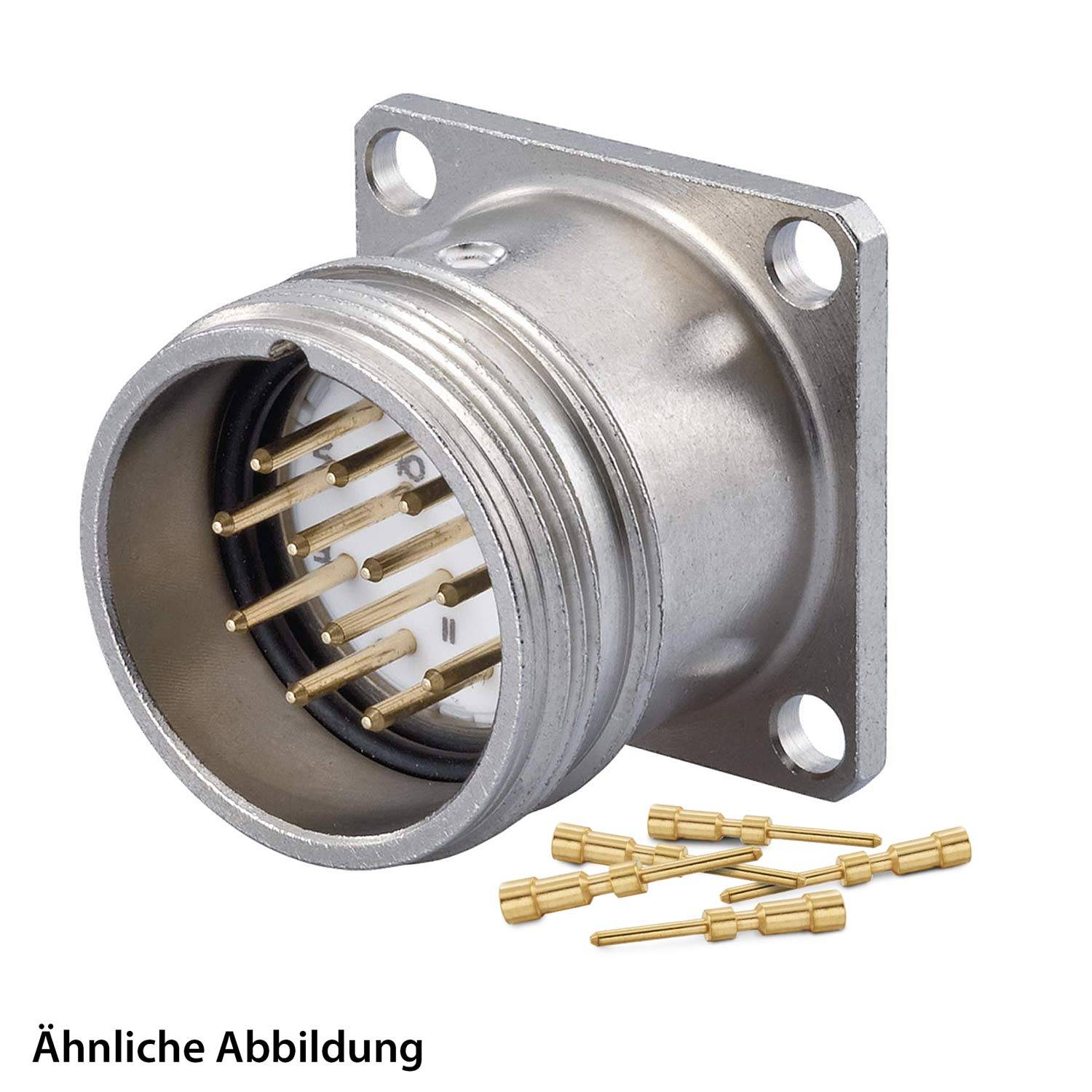 Ein Metallstromverbinder mit mehreren Goldstiften und einer Befestigungsplatte, zusammen mit mehreren losen Goldstiftkontakten.