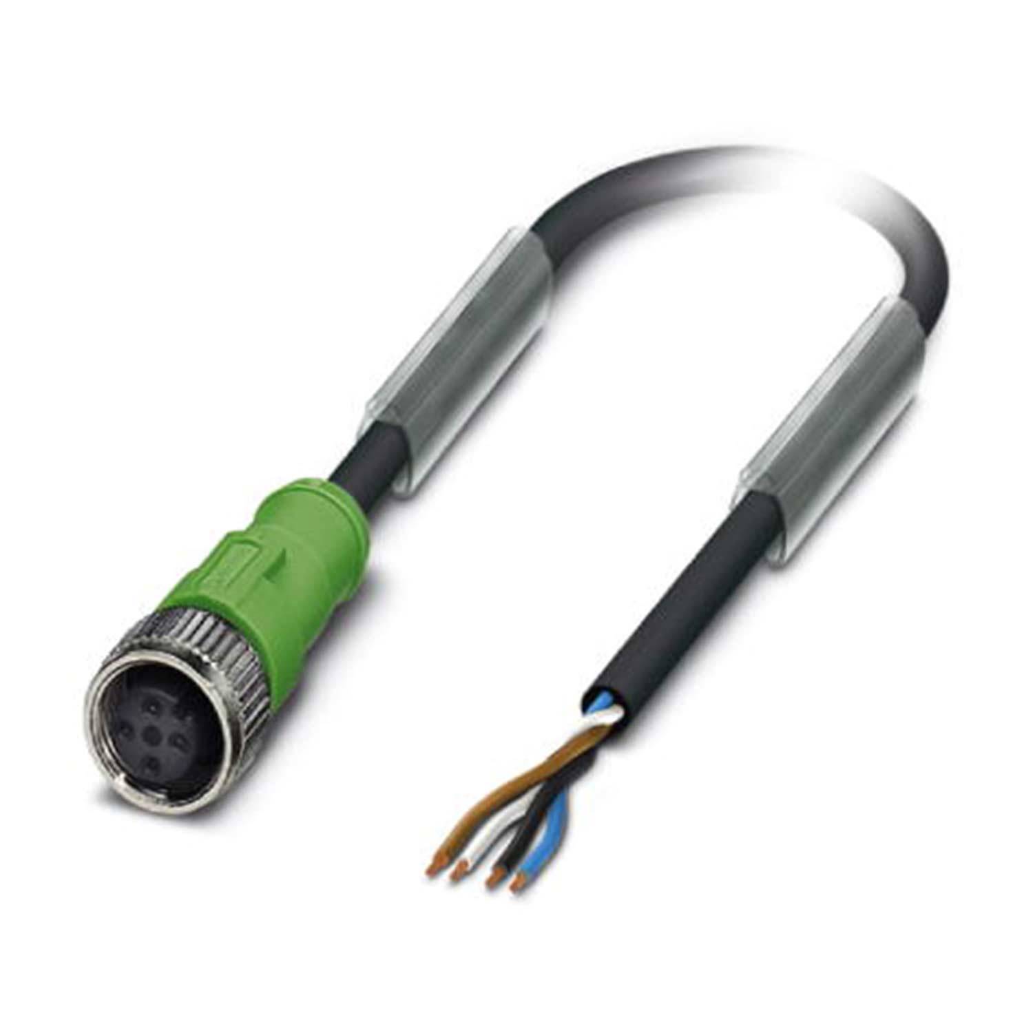Ein grünes industrielles Kabel mit einem Anschluss an einem Ende und vier freigelegten Drähten am anderen Ende, das wahrscheinlich für elektrische Verbindungen verwendet wird.