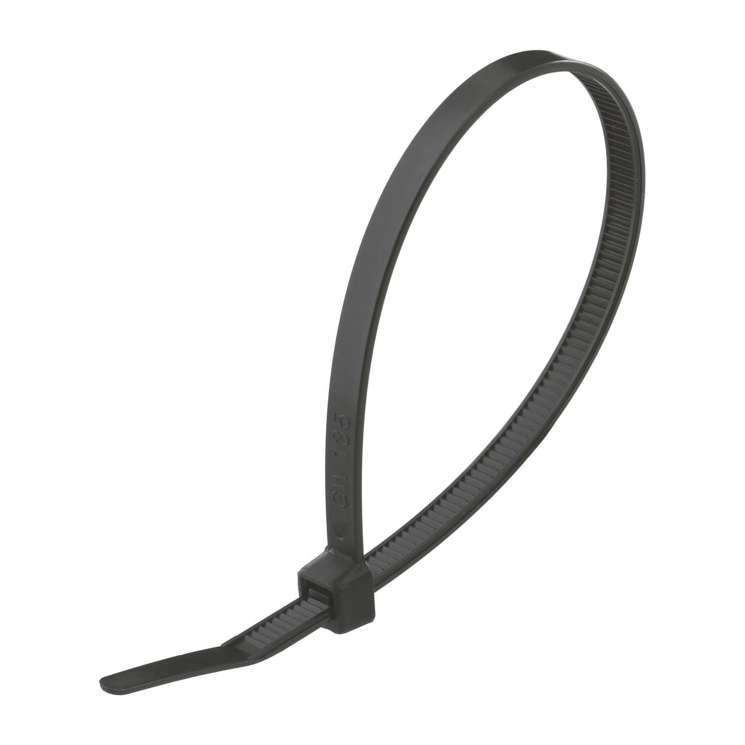 Eine schwarze Kabelbinder aus Kunststoff, die in einer offenen Schleife dargestellt wird, zum Befestigen von Kabeln oder Gegenständen.