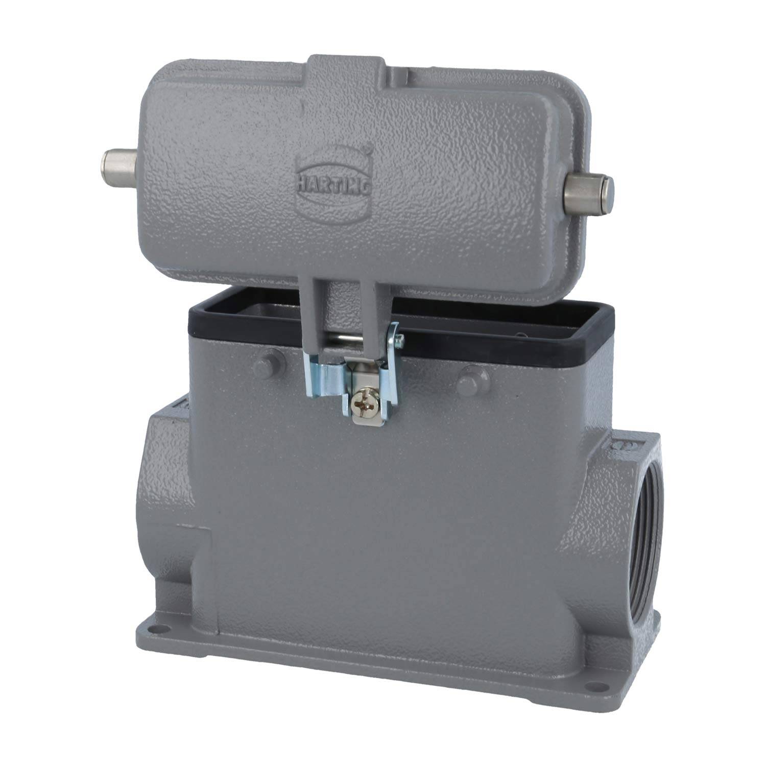 Ein grauer industrieller elektrischer Verbinder mit einem rechteckigen Gehäuse und einem Metallverschluss, entwickelt für sichere und zuverlässige Kabelverbindungen.