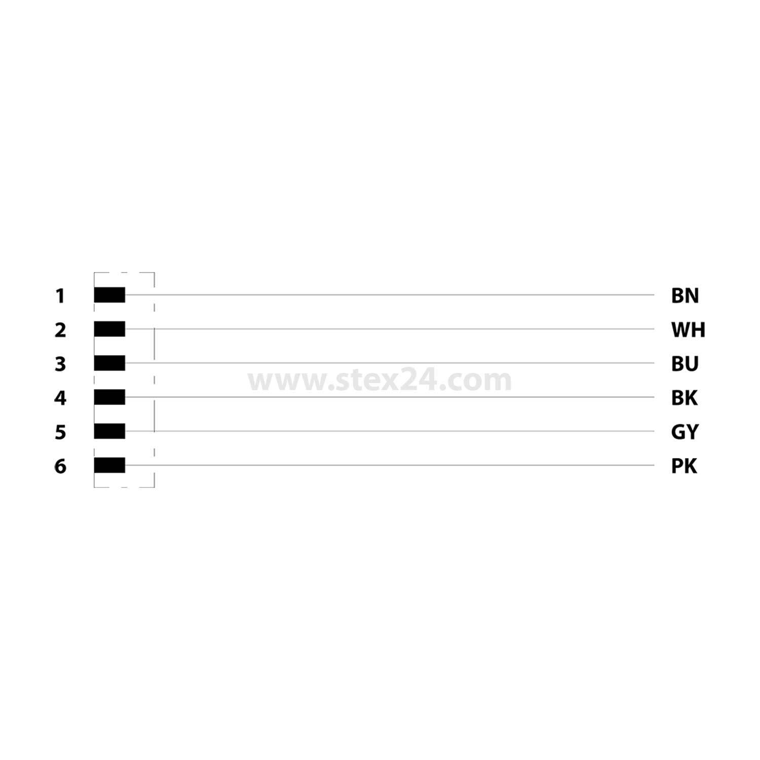 Kabelfarb-Kodierungstabelle mit sechs schwarzen Linien von 1 bis 6 mit entsprechenden Farbcodes: BN, WH, BU, BK, GY, PK.