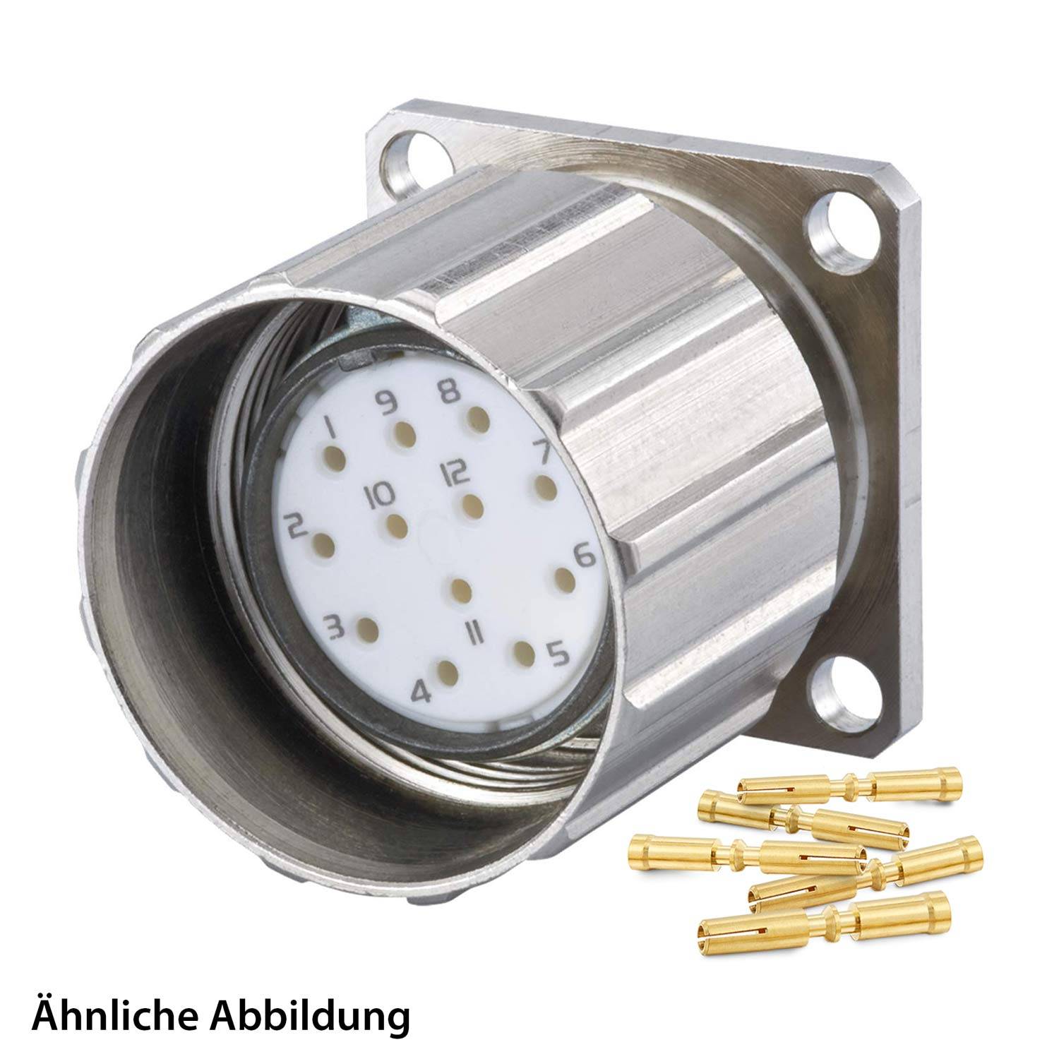 Ein kreisförmiger Metallverbinder mit mehreren Löchern für Stifte, montiert auf einer quadratischen Platte. Lose Goldnadeln liegen in der Nähe. Text lautet: 'Ähnliche Abbildung'.