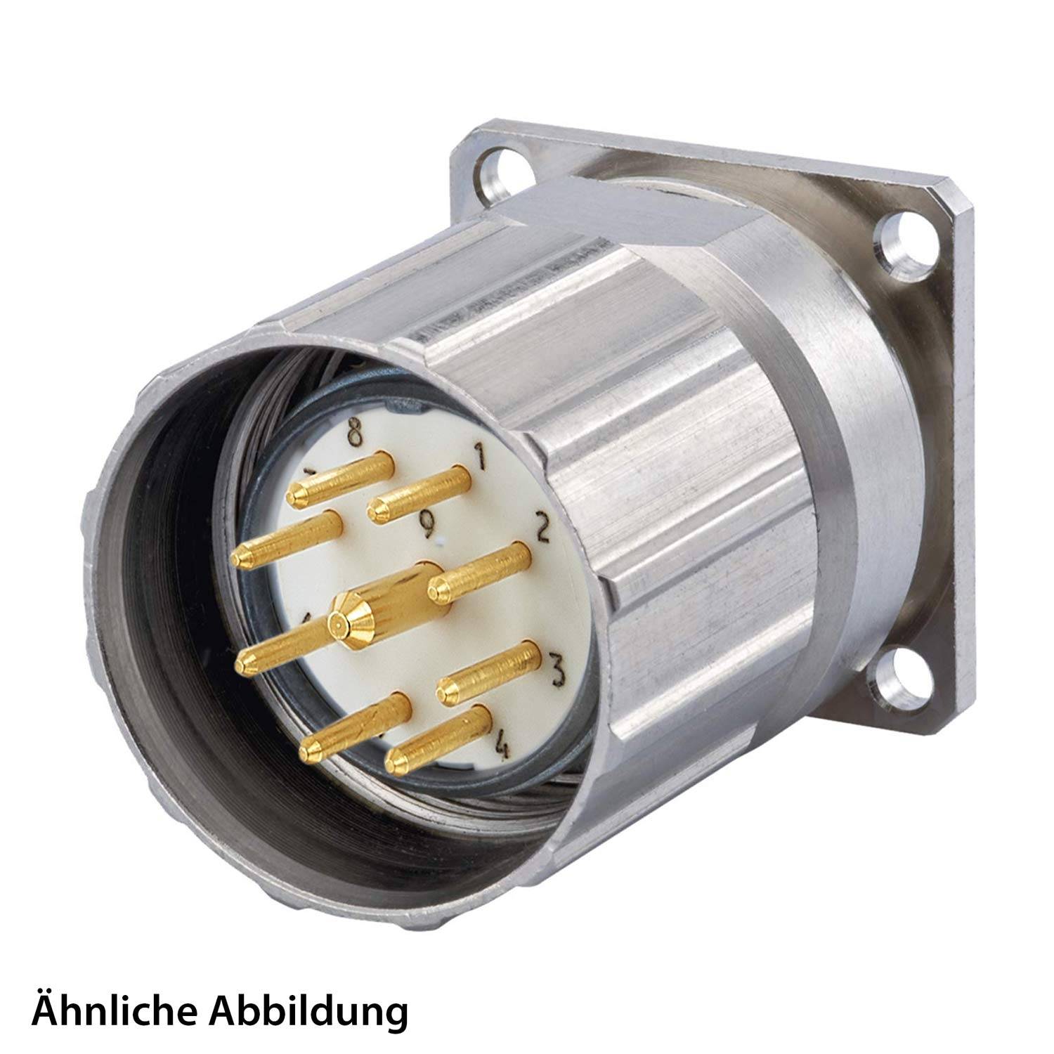 Ein metallischer zylindrischer elektrischer Anschluss mit sieben vergoldeten Stiften, nummeriert von 1 bis 8, wobei 7 ausgenommen ist, montiert auf einer quadratischen Flansche.