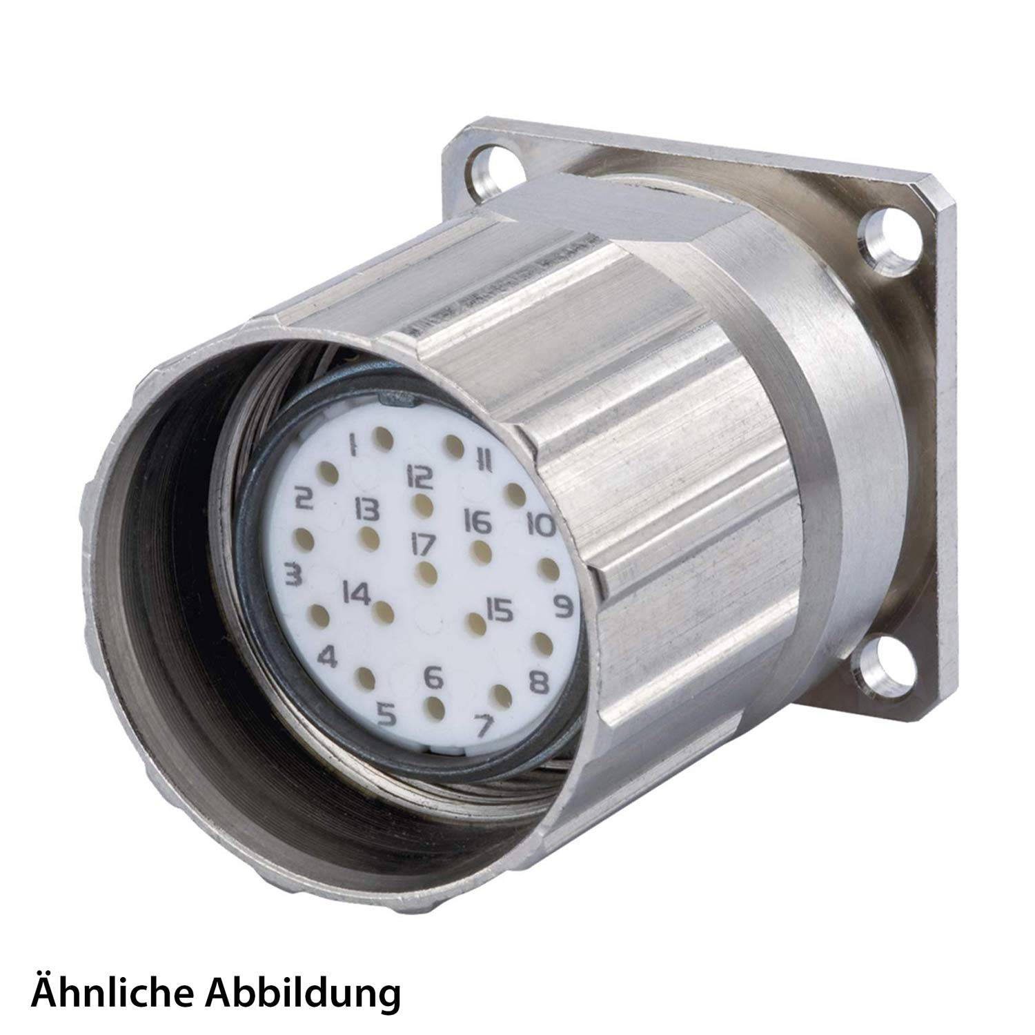 Ein zylindrischer Metallverbinder mit mehreren Pins, montiert auf einem quadratischen Flansch.