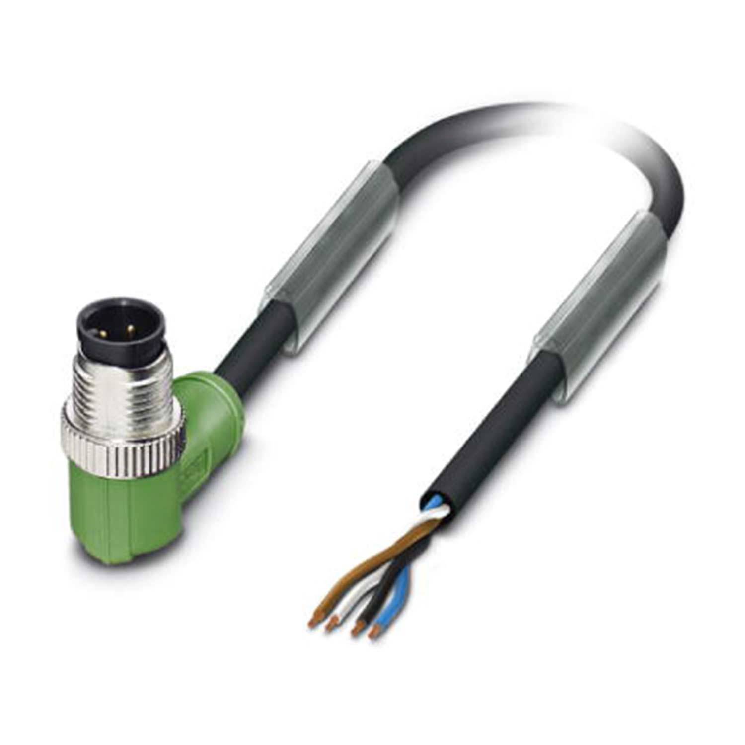 Ein grüner Winkelverbinder mit angeschlossenen Pins an einem schwarzen Kabel mit freiliegenden Drähten, die blaue, braune und schwarze Stränge zeigen.