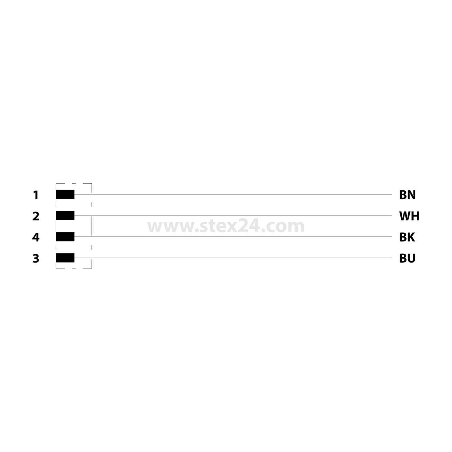 Verdrahtungsdiagramm zeigt Anschlüsse 1, 2, 3, 4 verbunden mit BN (braun), WH (weiß), BK (schwarz), BU (blau) Leitungen.