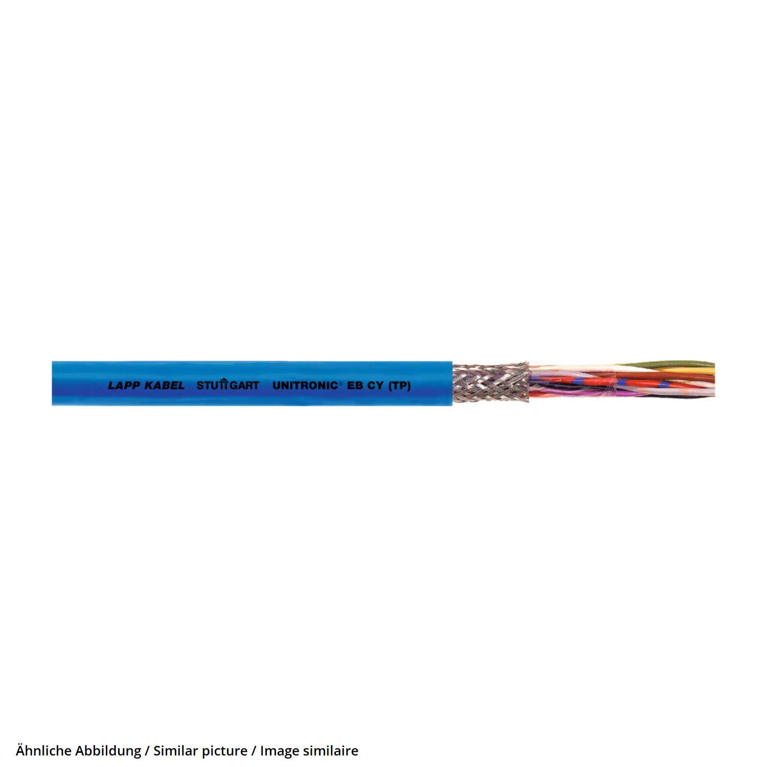 „Ein blauer UNITRONIC® Datenkabel mit freigelegten Innendrähten, beschriftet mit LAPP KABEL, STUTTGART UNITRONIC® EB CY (TP).